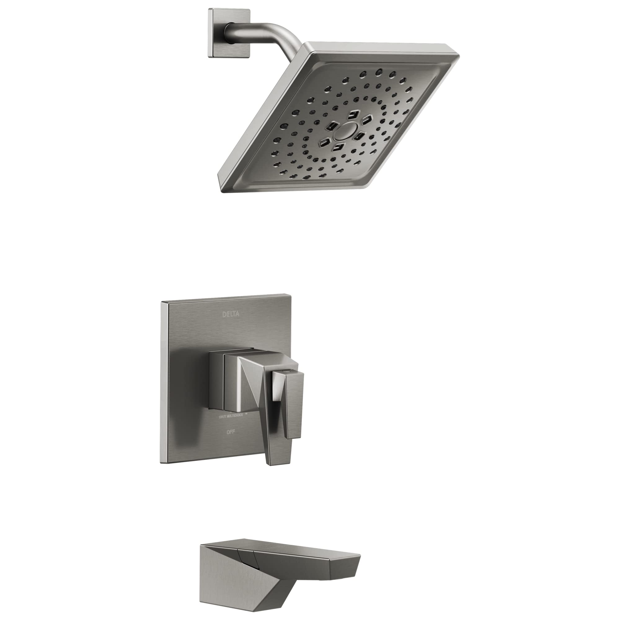 Brushed nickel tub and shower trim set with square showerhead, wall-mounted valve, and tub spout.