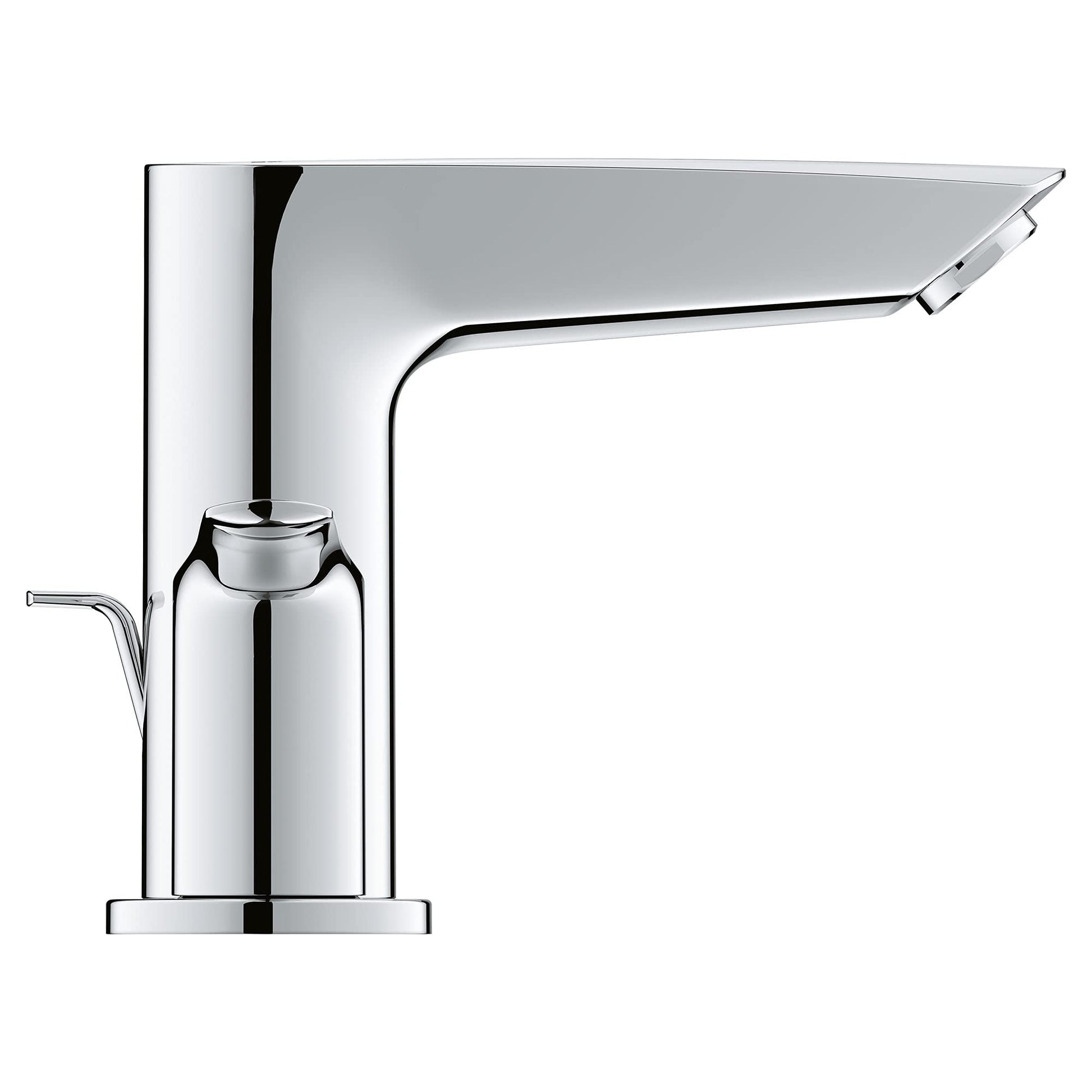 Chrome bathroom faucet with single handle, curved spout, and rectangular base plate.