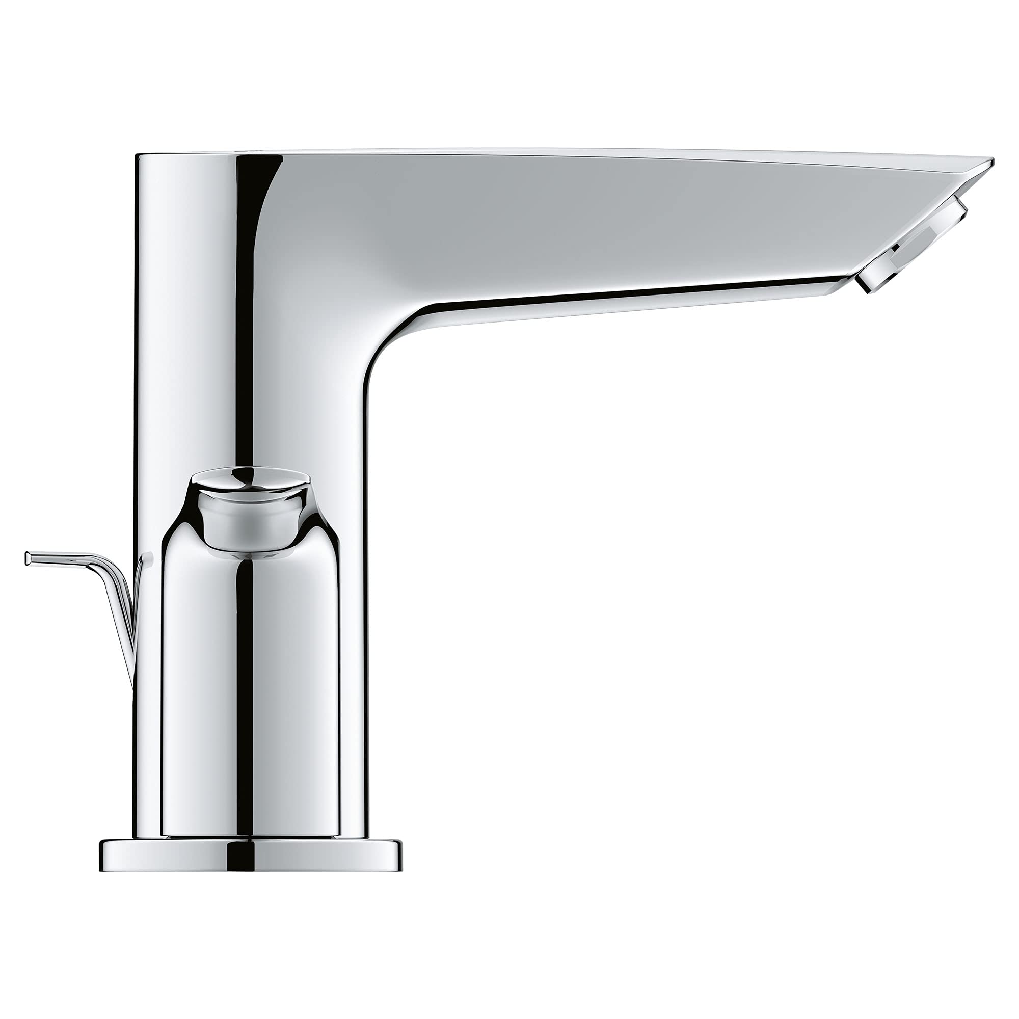 Chrome bathroom faucet with single handle, curved spout, and rectangular base plate.