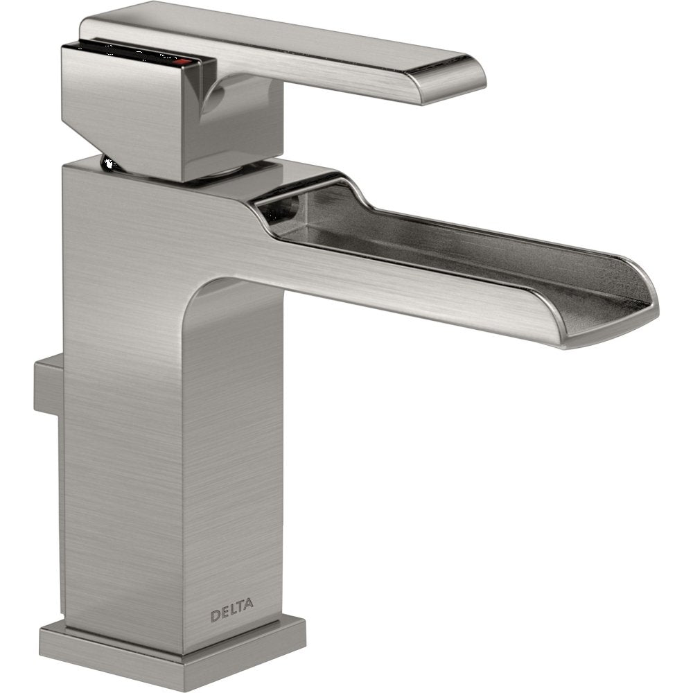 Brushed nickel single-handle bathroom faucet with rectangular spout, pop-up drain, and metal drain assembly.