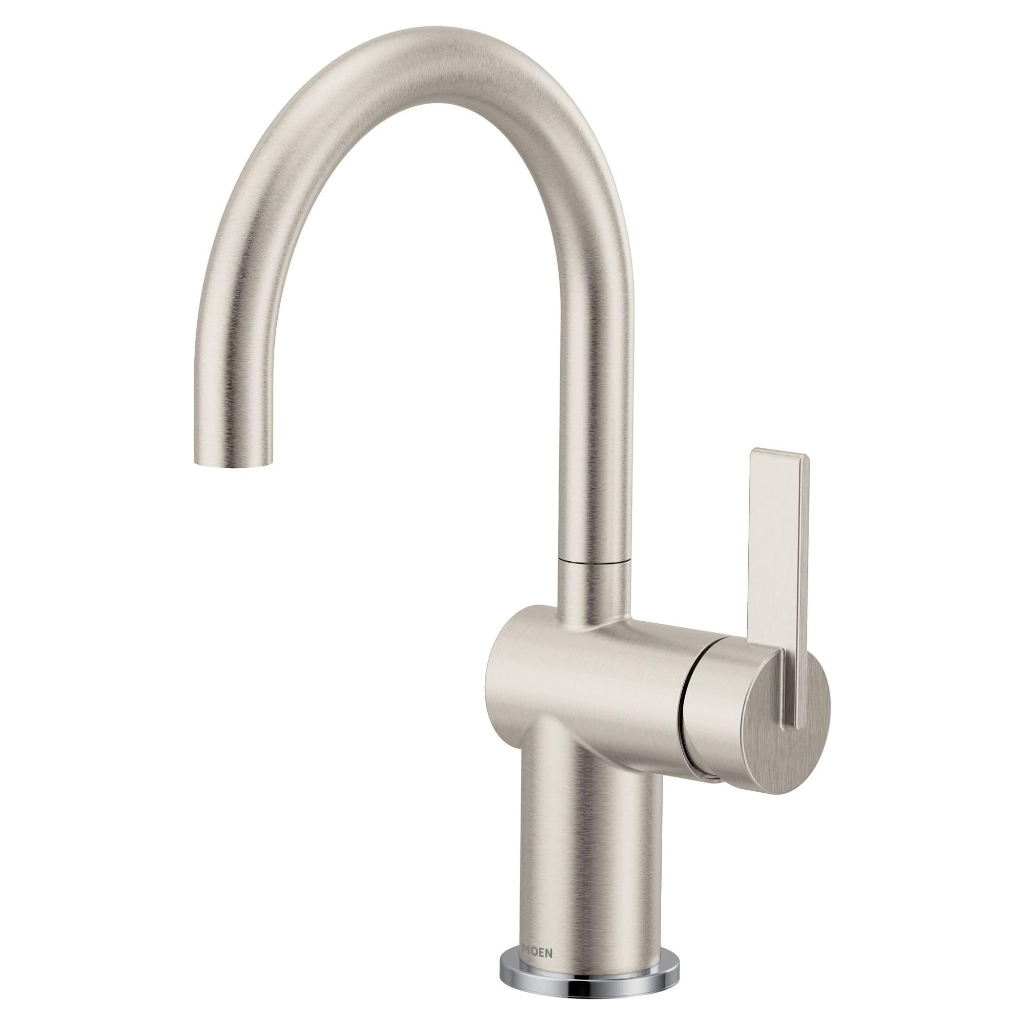 Spot Resist Stainless single-handle bar faucet with curved spout and rectangular lever handle.