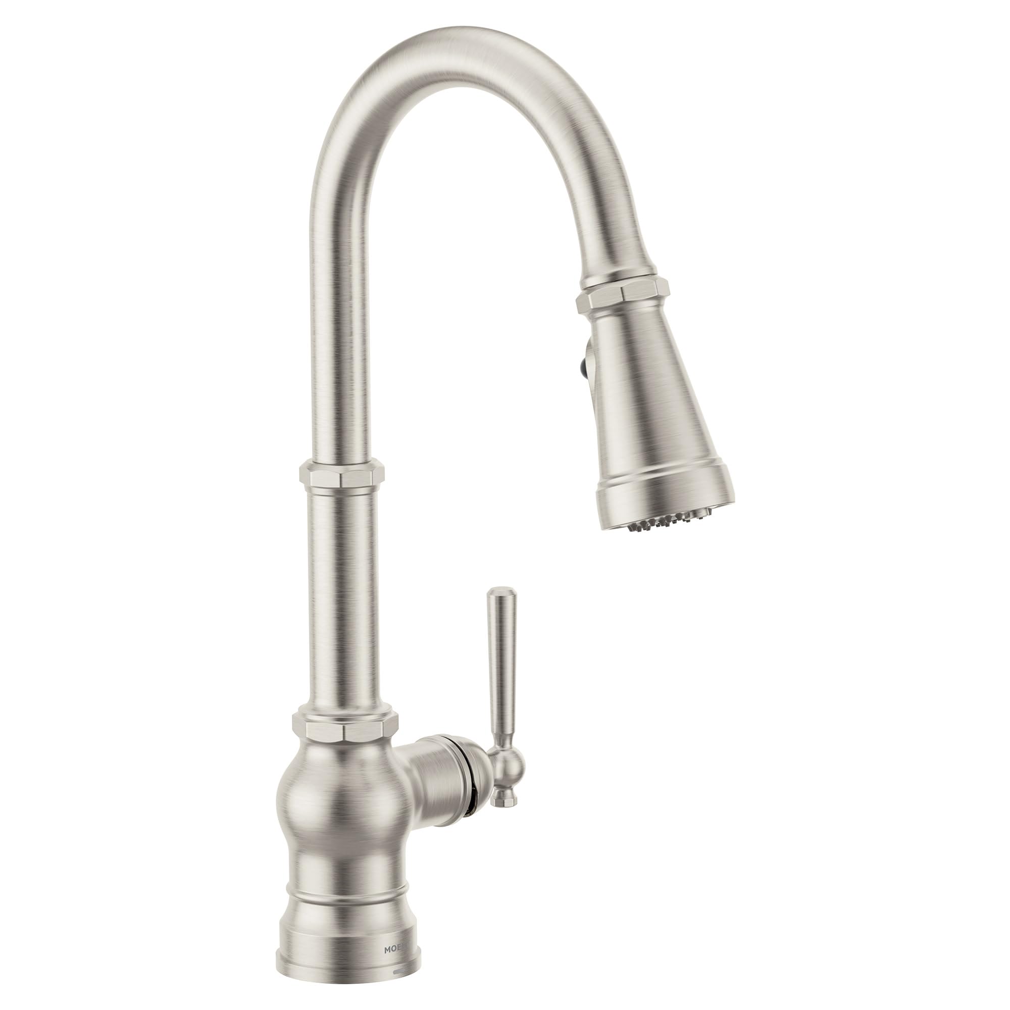 Spot Resist Stainless steel kitchen faucet with high arc spout, single handle, and pulldown spray head.