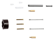 Grohe extension set repair parts including chrome tubes, brass fittings, plastic washers, bolts, and black cartridge componen