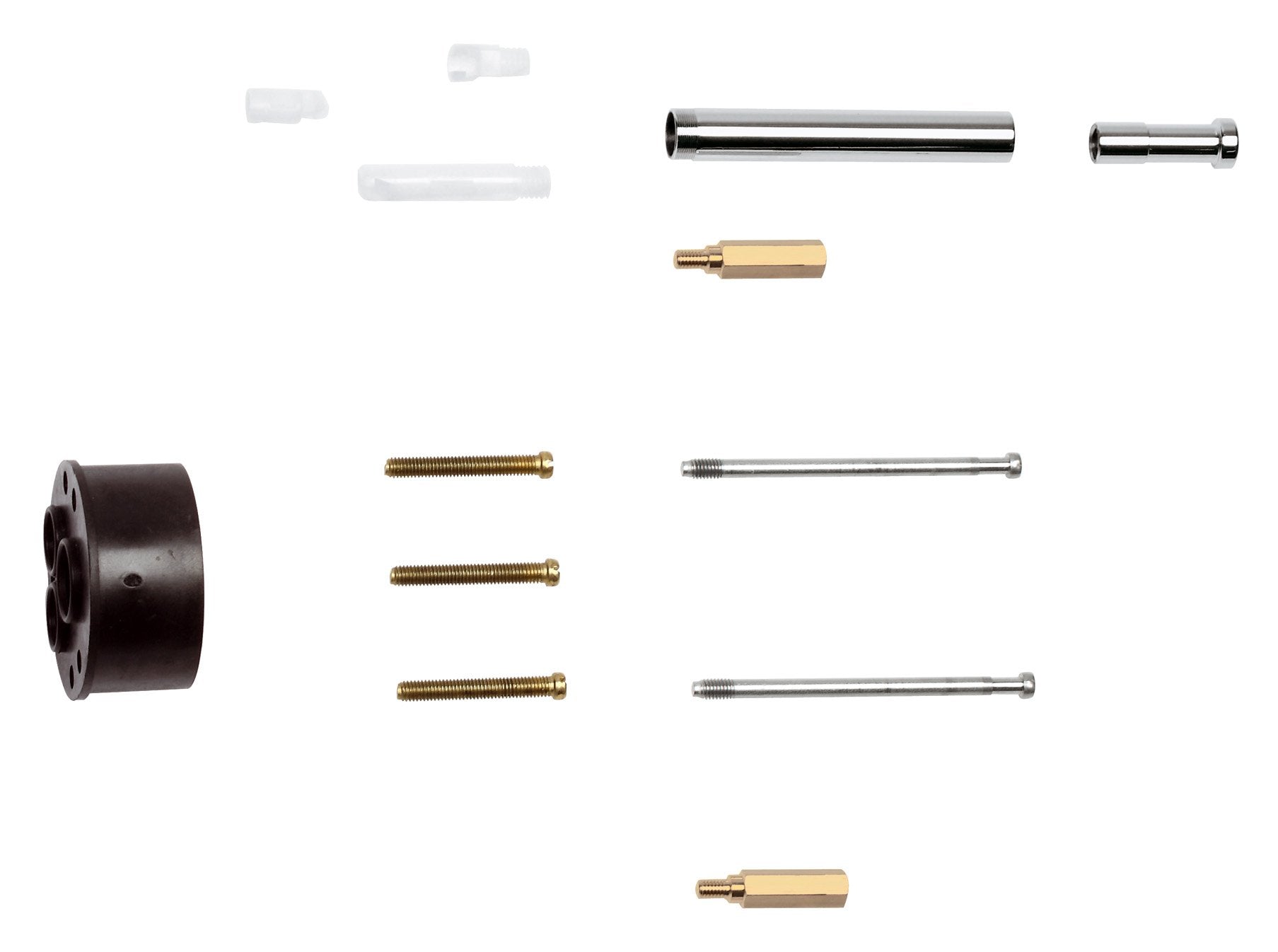 Grohe extension set repair parts including chrome tubes, brass fittings, plastic washers, bolts, and black cartridge componen