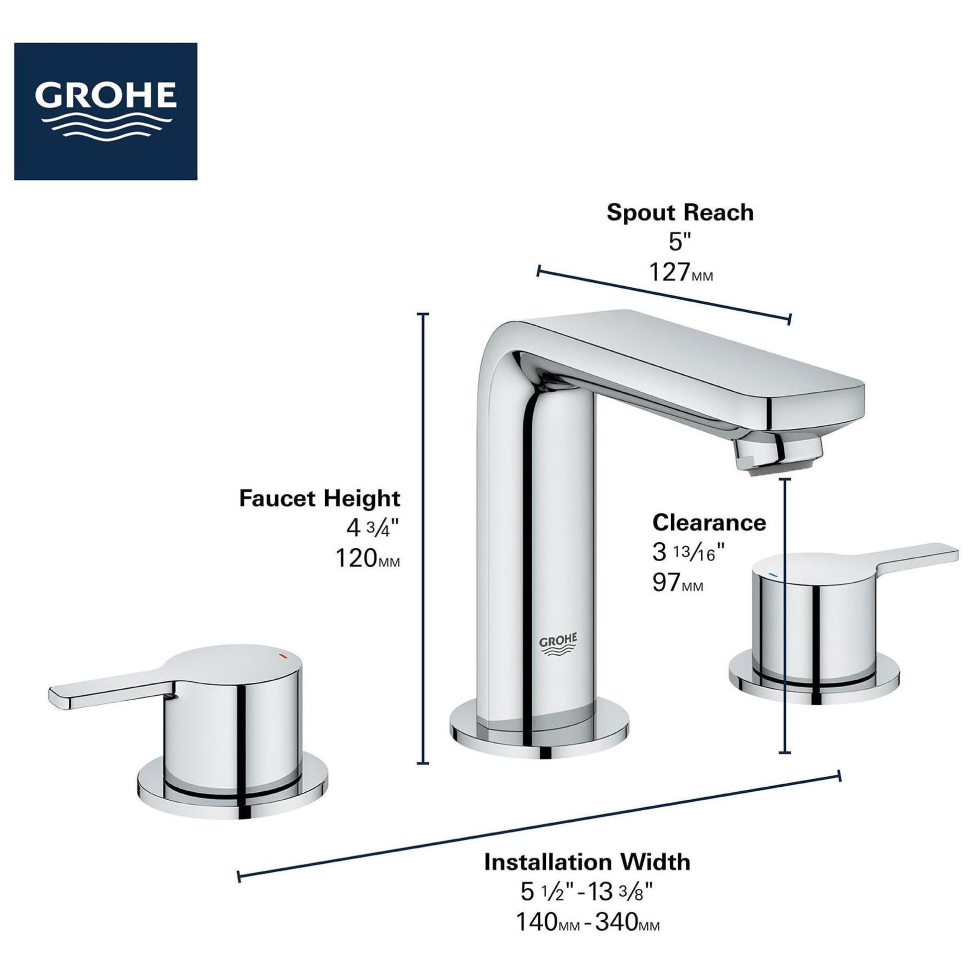 Grohe Lineare widespread bathroom faucet with tall center spout and two cylindrical handles in polished chrome finish.