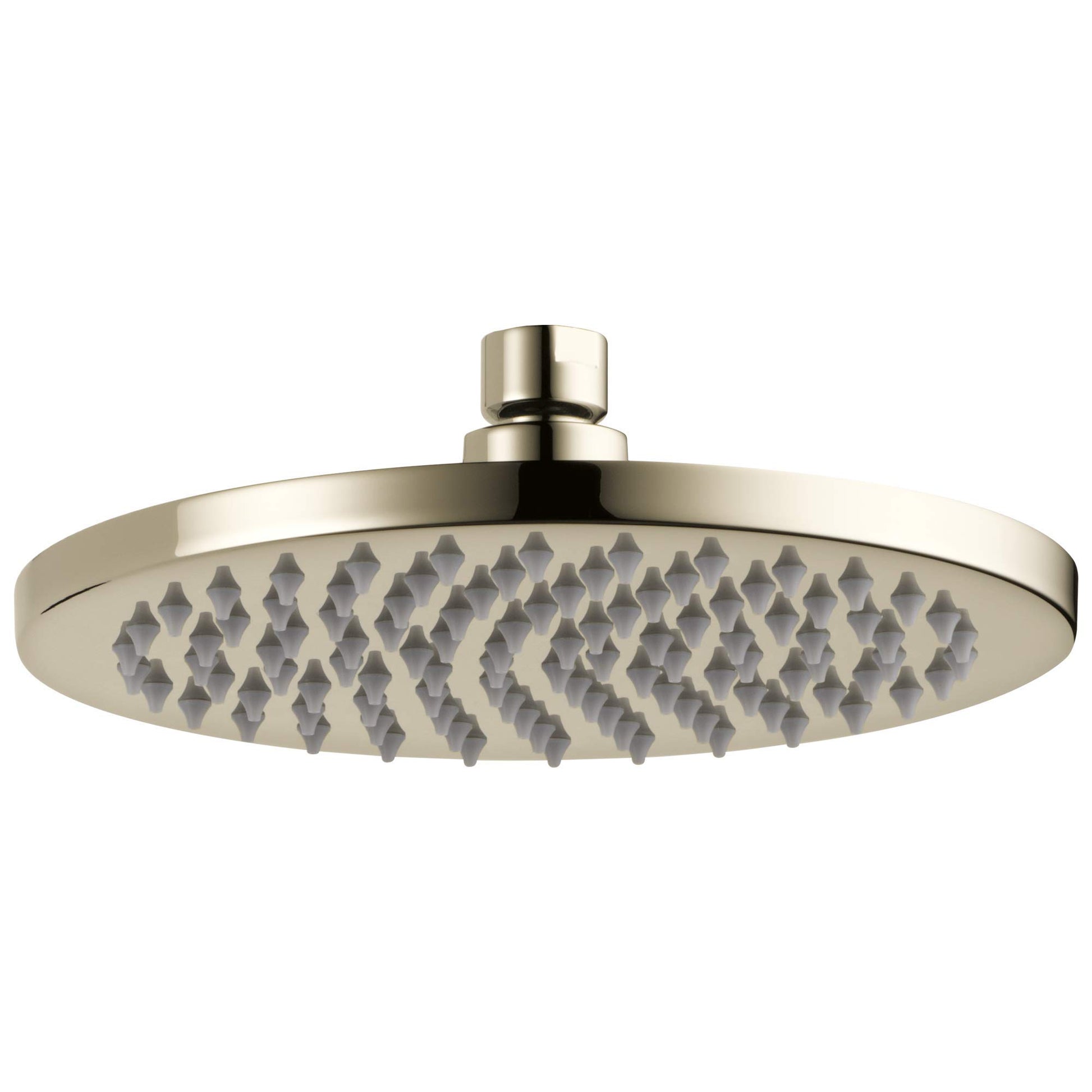 Round brushed nickel raincan shower head with multiple spray nozzles and cylindrical arm connector.