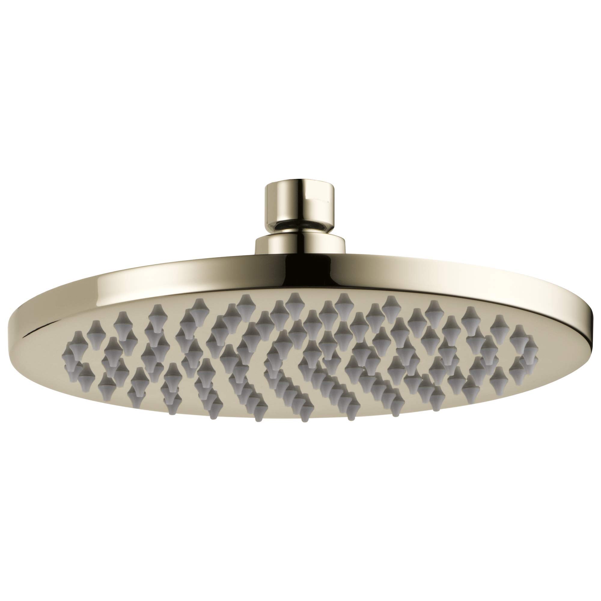 Round brushed nickel raincan shower head with multiple spray nozzles and cylindrical arm connector.