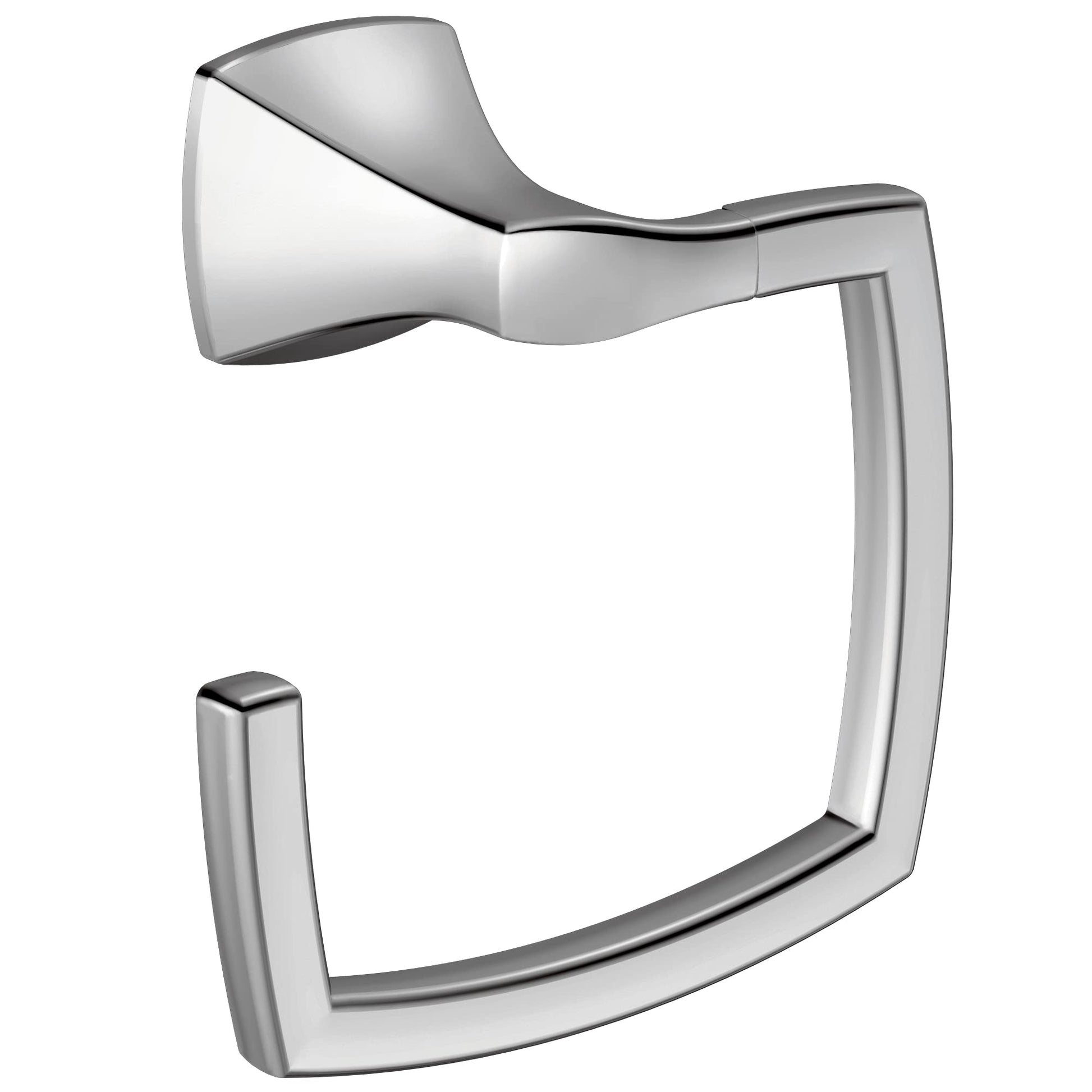 Chrome wall-mount towel ring with curved rectangular design and angled mounting bracket.