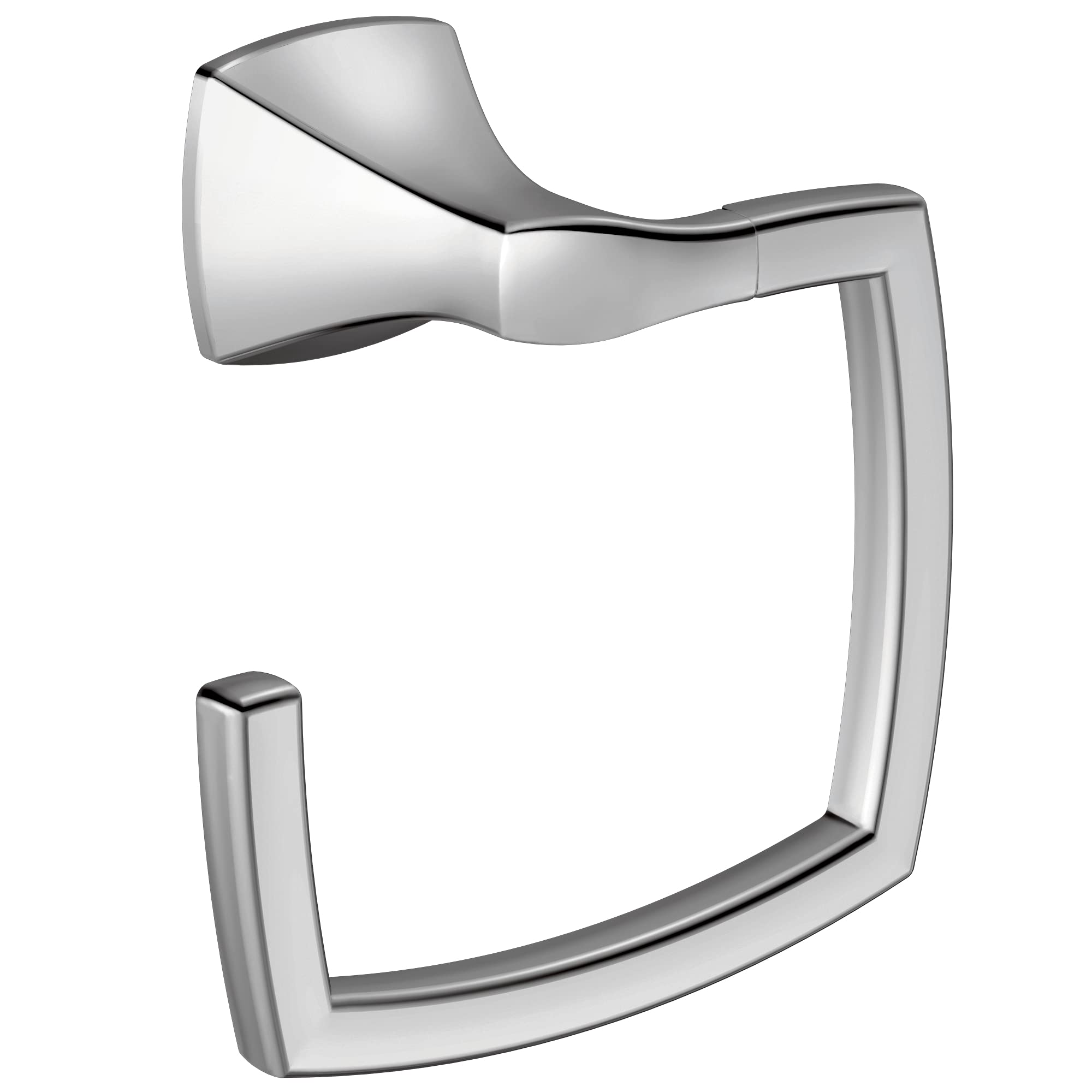 Chrome wall-mount towel ring with curved rectangular design and angled mounting bracket.