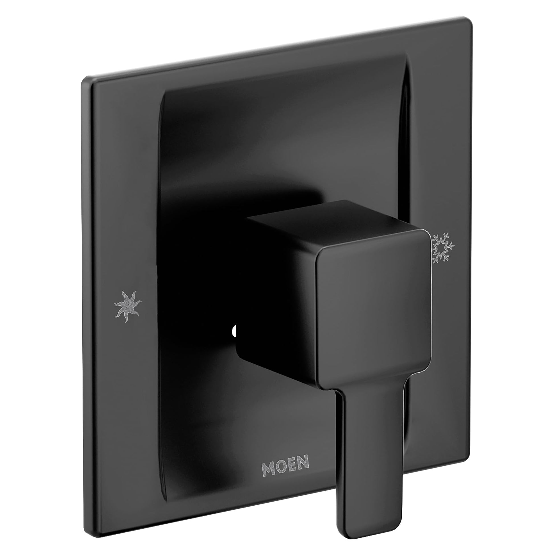 Moen matte black single-handle shower valve trim with square handle and rectangular escutcheon plate.