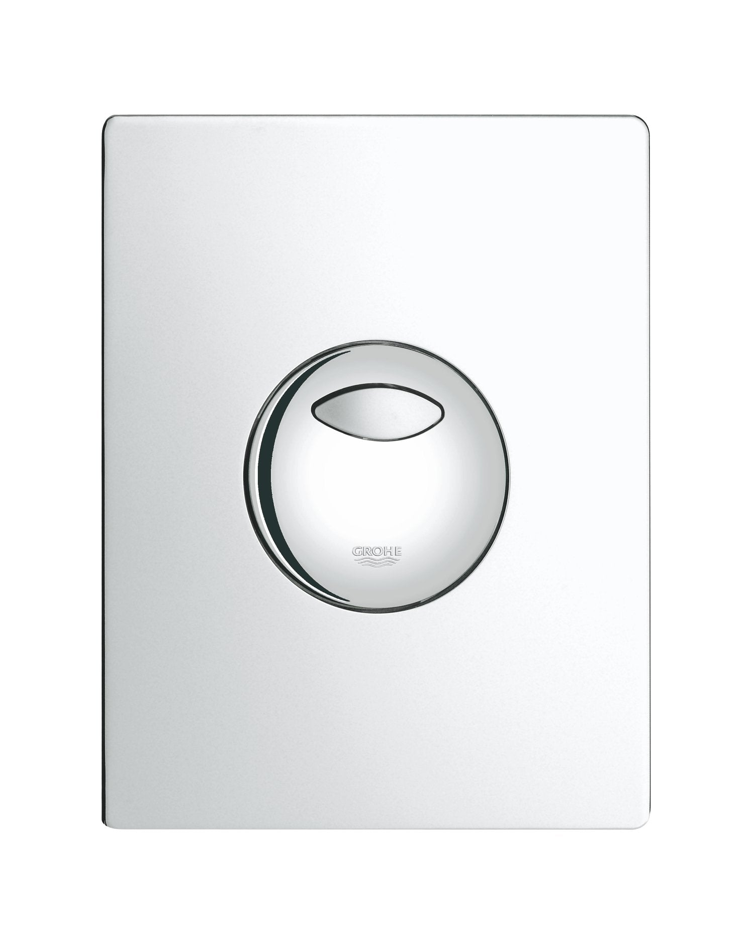 Polished chrome rectangular wall plate with centered circular flush button and horizontal slot opening.