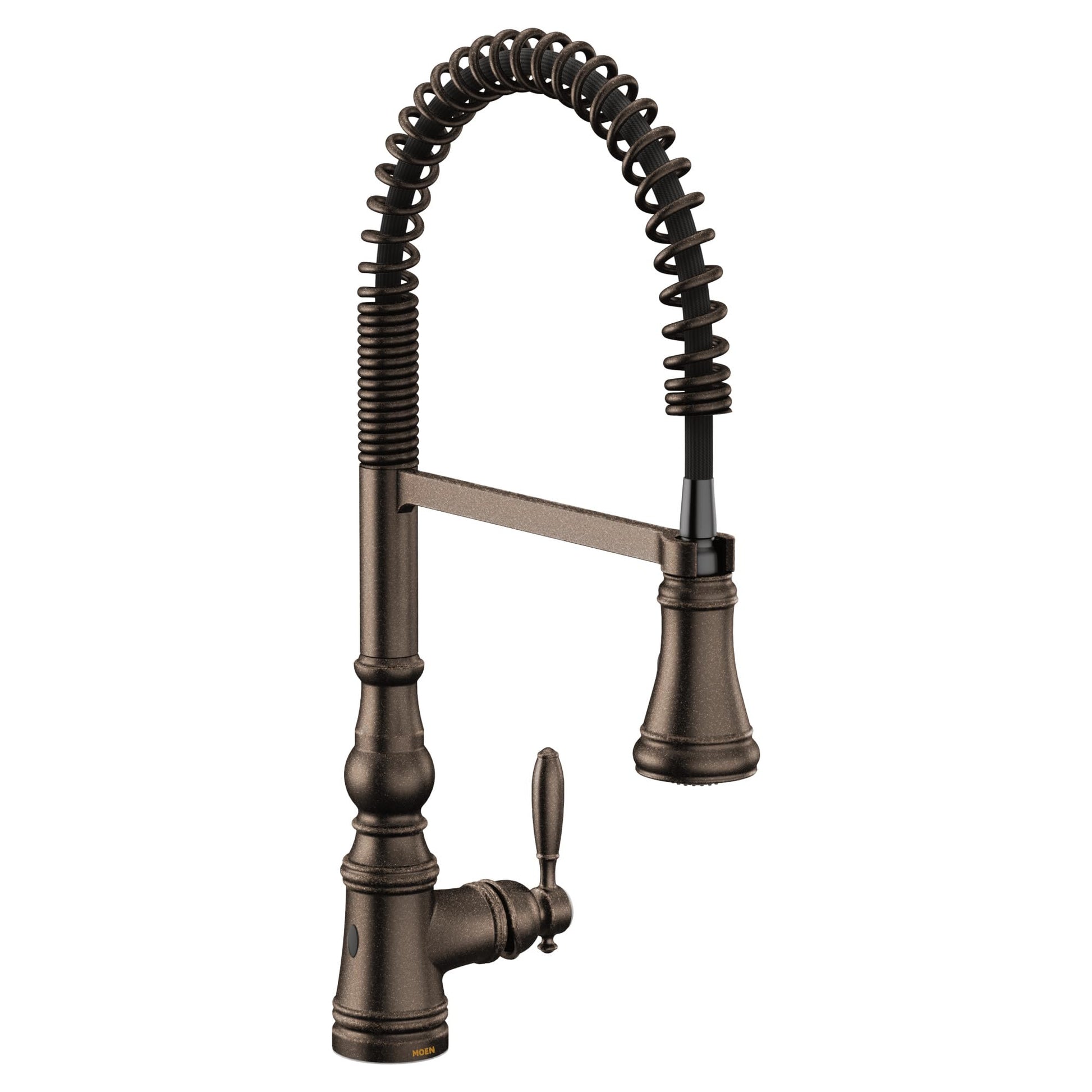 Oil rubbed bronze kitchen faucet with coiled pulldown sprayer and single lever handle.