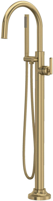 Antique gold floor-mount tub filler with curved spout, single lever handle, and handheld showerhead with hose.
