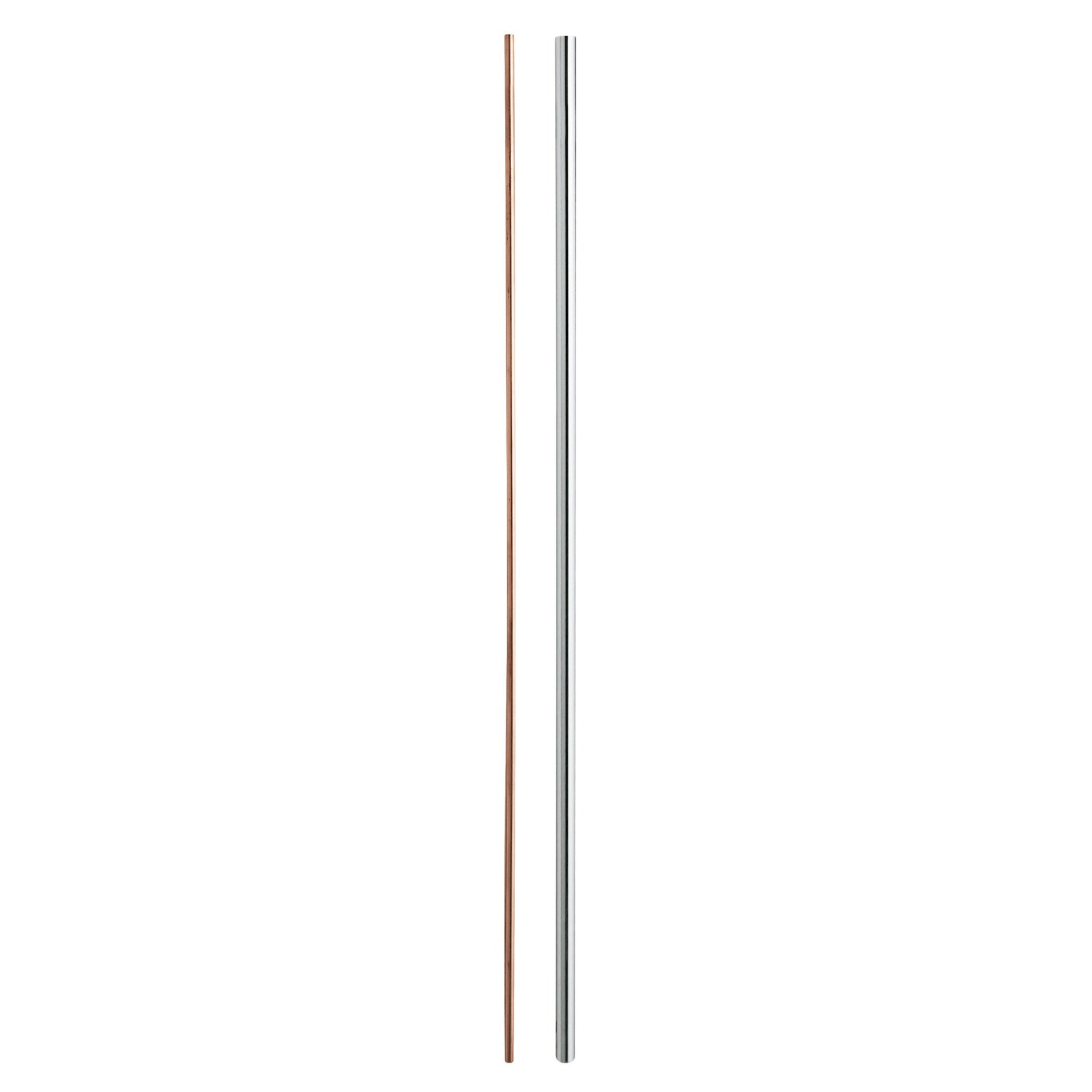 Two vertical shower rails side by side, one in brushed bronze and one in polished chrome finish.