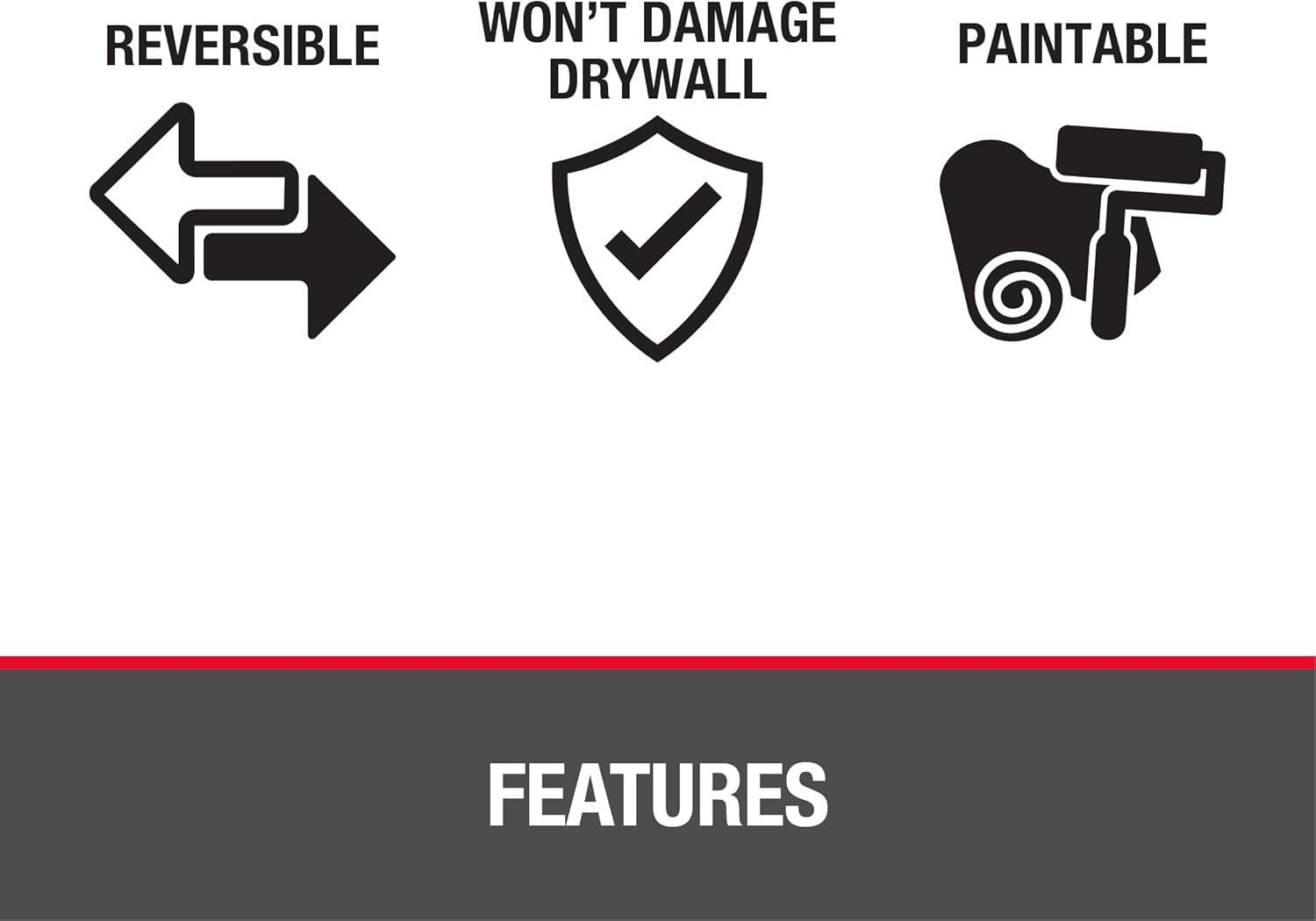 White square access panel with icons indicating reversible, drywall-safe, and paintable features.