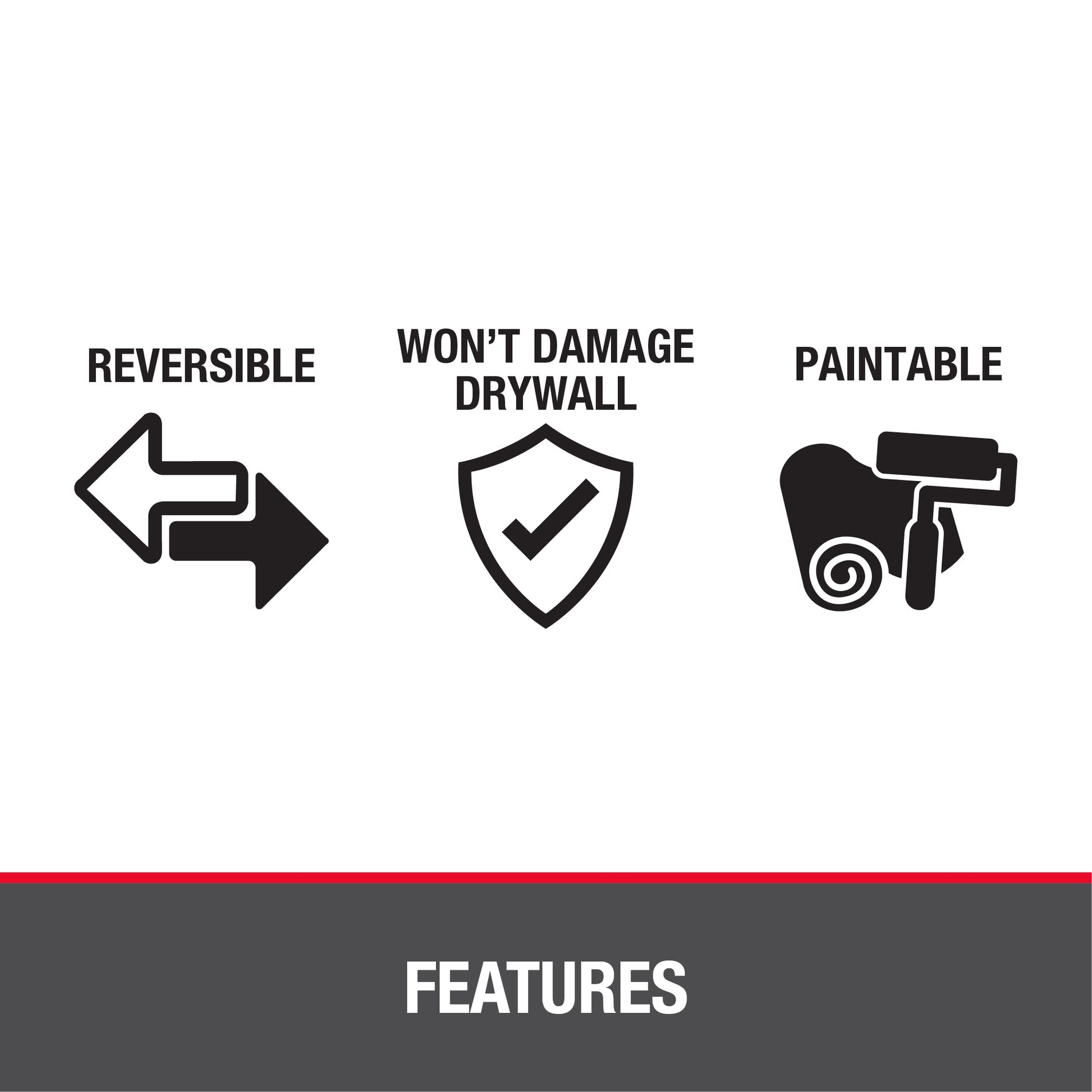 White rectangular wall access panel with icons showing reversible, drywall-safe, and paintable features.