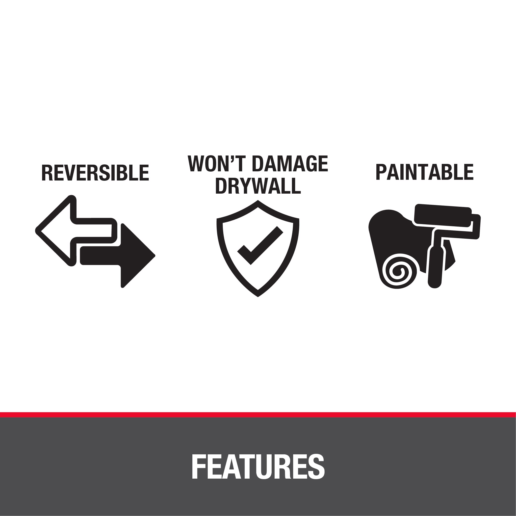 White rectangular wall access panel with icons showing reversible, drywall-safe, and paintable features.