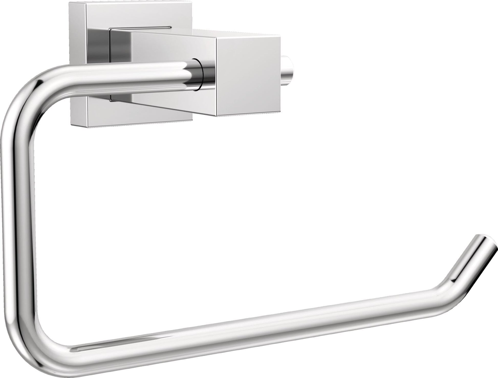 Chrome tissue holder with curved open ring and rectangular mounting bracket with black accent detail.