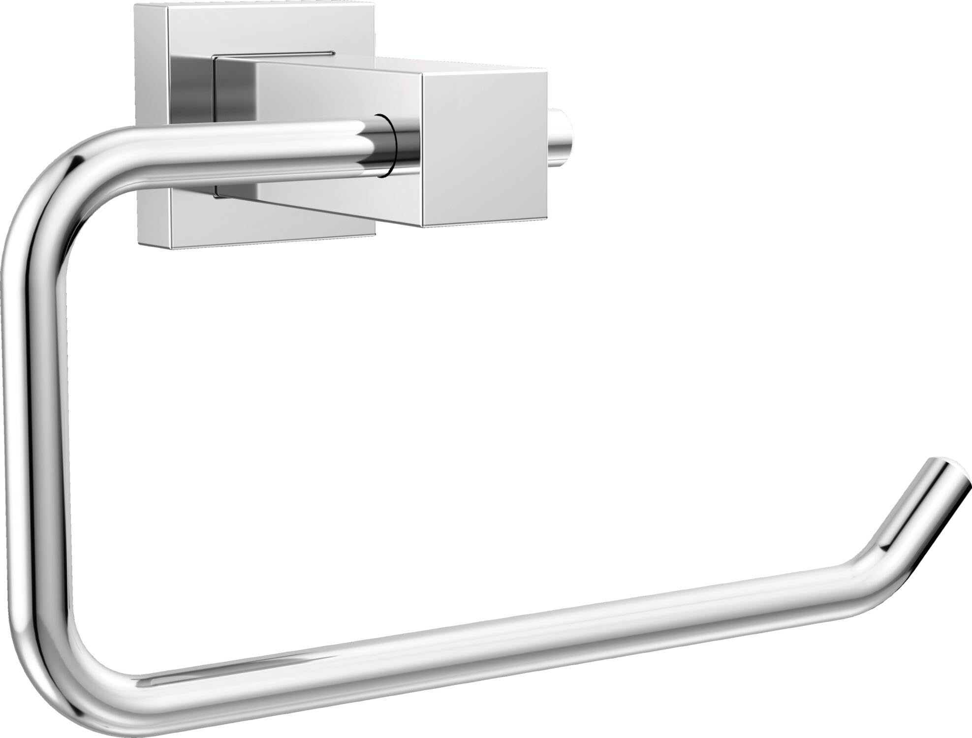 Chrome tissue holder with curved open ring and rectangular mounting bracket with black accent detail.