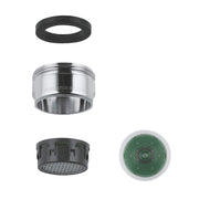 Chrome and black flow straightener parts including rubber seal, metal collar, black cage, and green mesh screen.