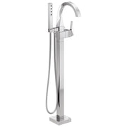 Chrome floor-mounted tub filler with curved arc spout, single handle, and handheld shower head with hose.