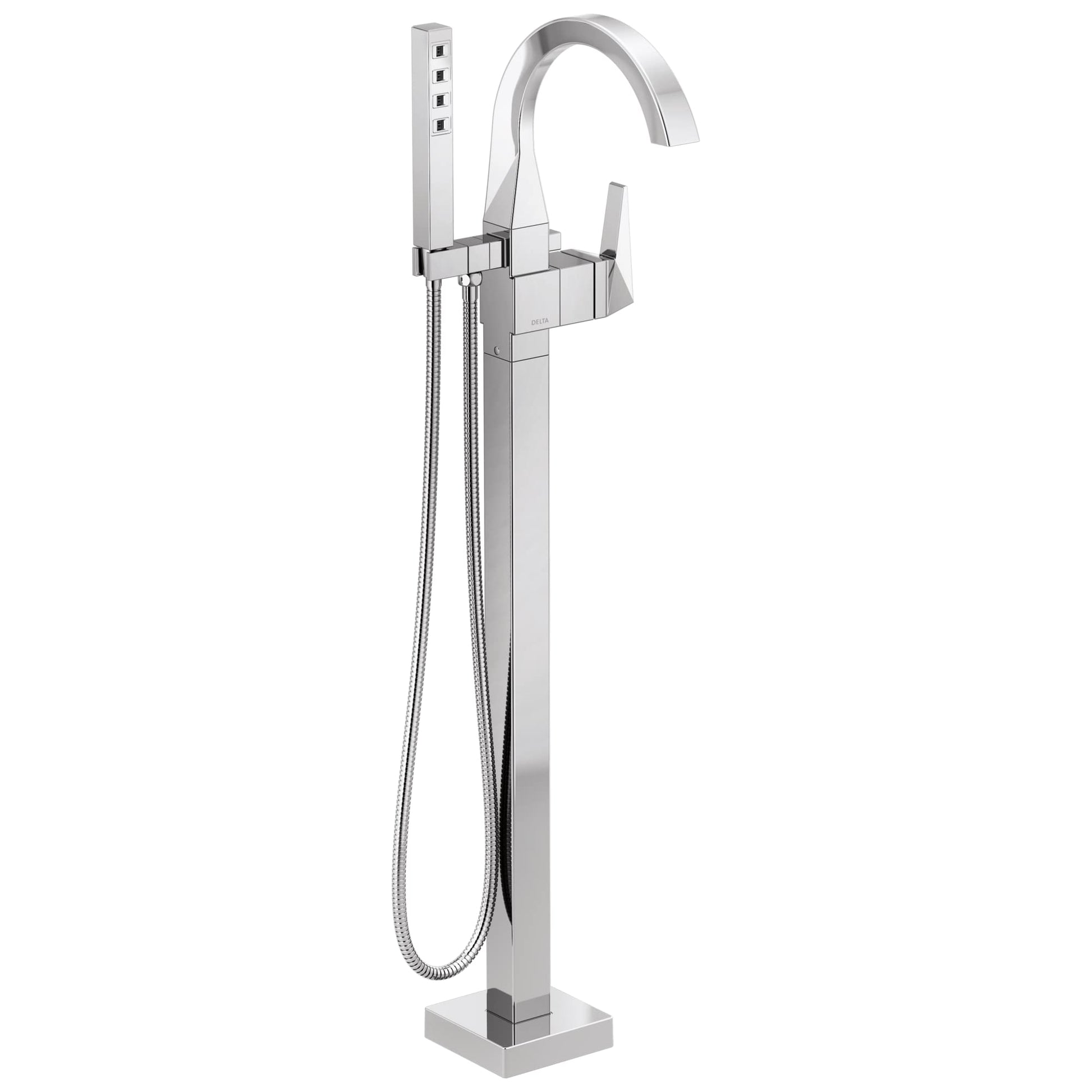 Chrome floor-mounted tub filler with curved arc spout, single handle, and handheld shower head with hose.