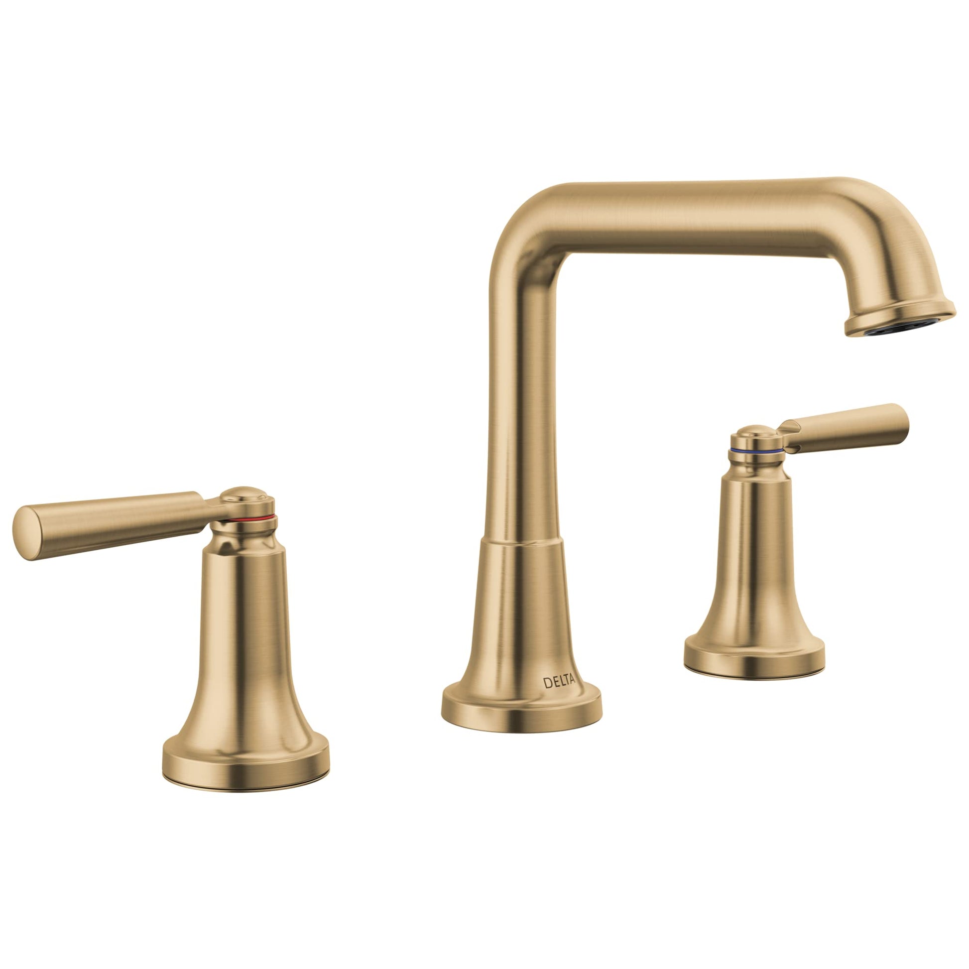 Champagne bronze widespread bathroom faucet with tall curved spout and two lever handles.