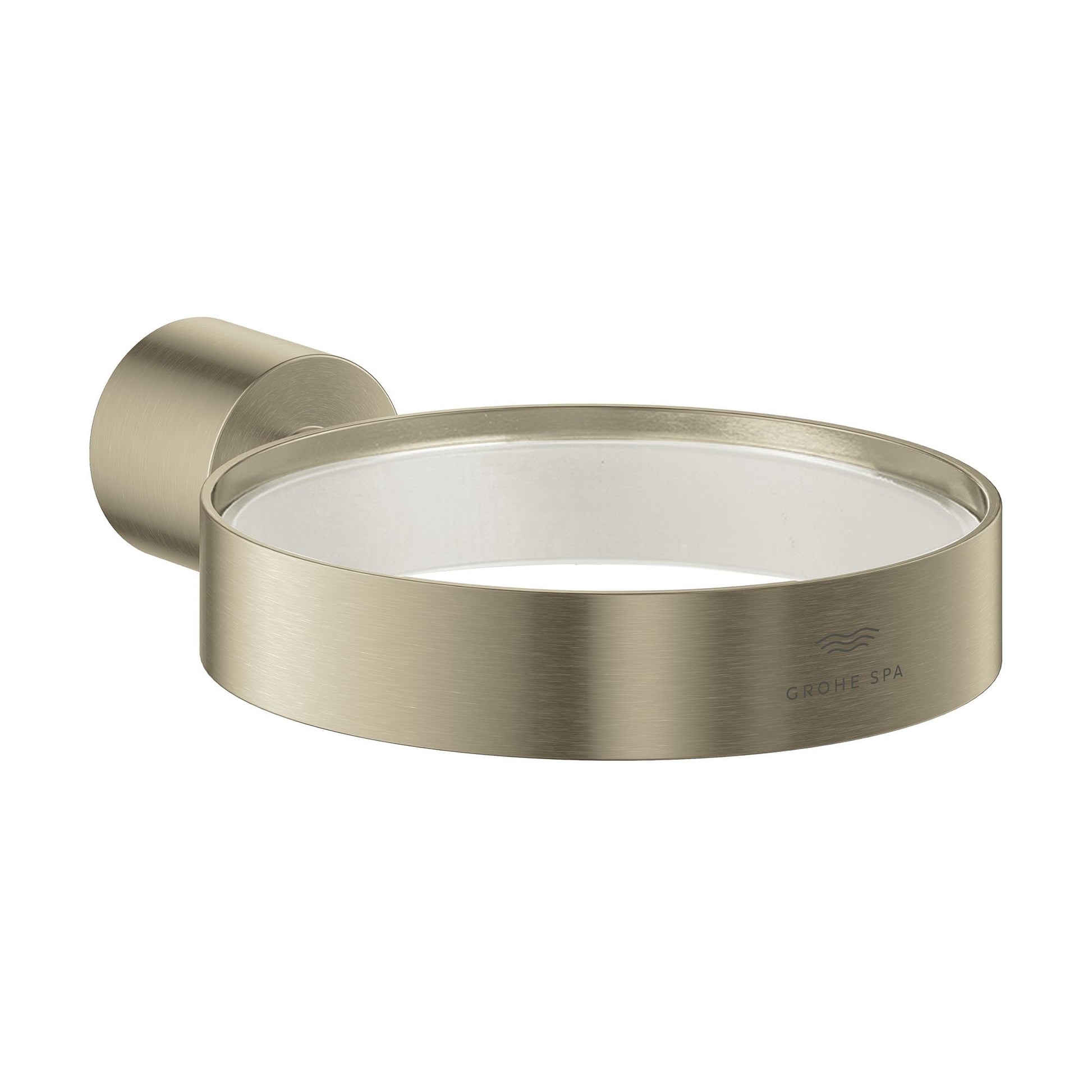Grohe brushed nickel circular holder with cylindrical mounting bracket and white ceramic insert bowl.