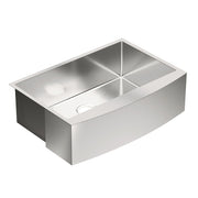 Stainless steel undermount farmhouse apron front single bowl kitchen sink with 30 x 21 inch dimensions.