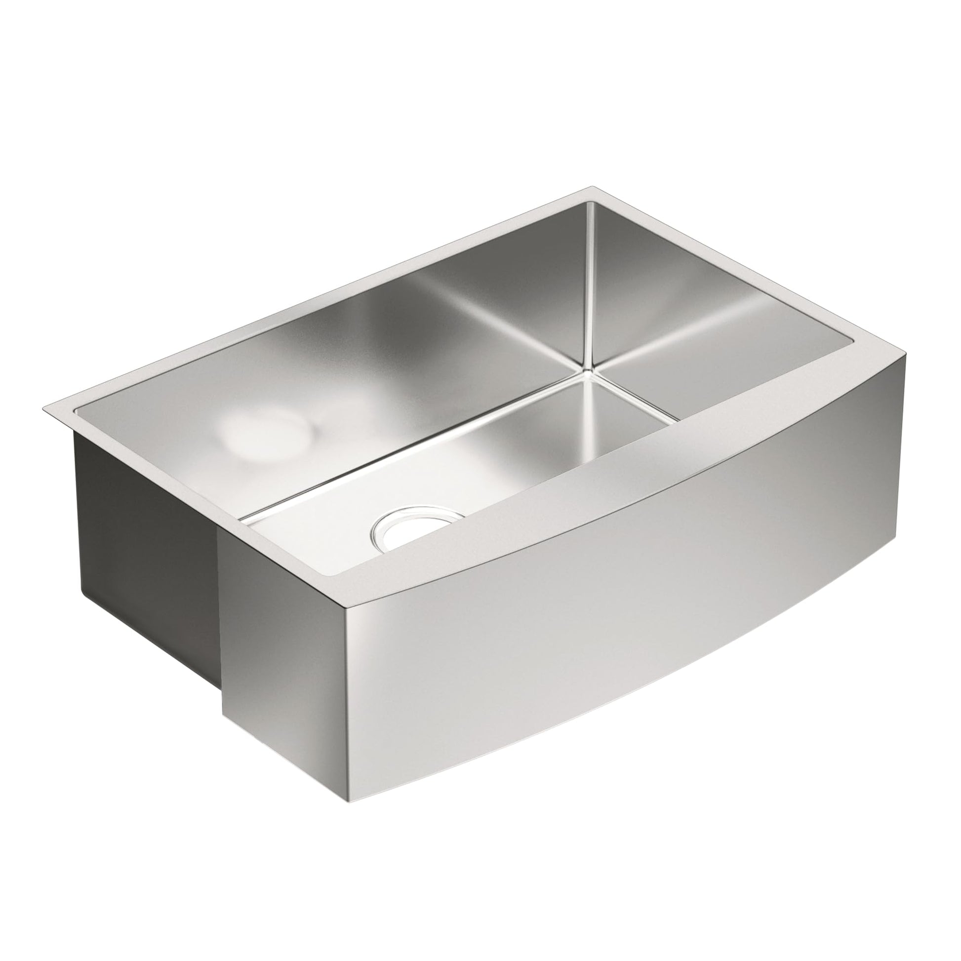 Stainless steel undermount farmhouse apron front single bowl kitchen sink with 30 x 21 inch dimensions.