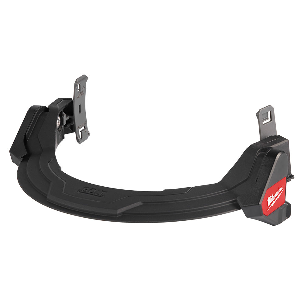 Black and gray plastic face shield mount with attachment clips on each end and Milwaukee logo on right side.