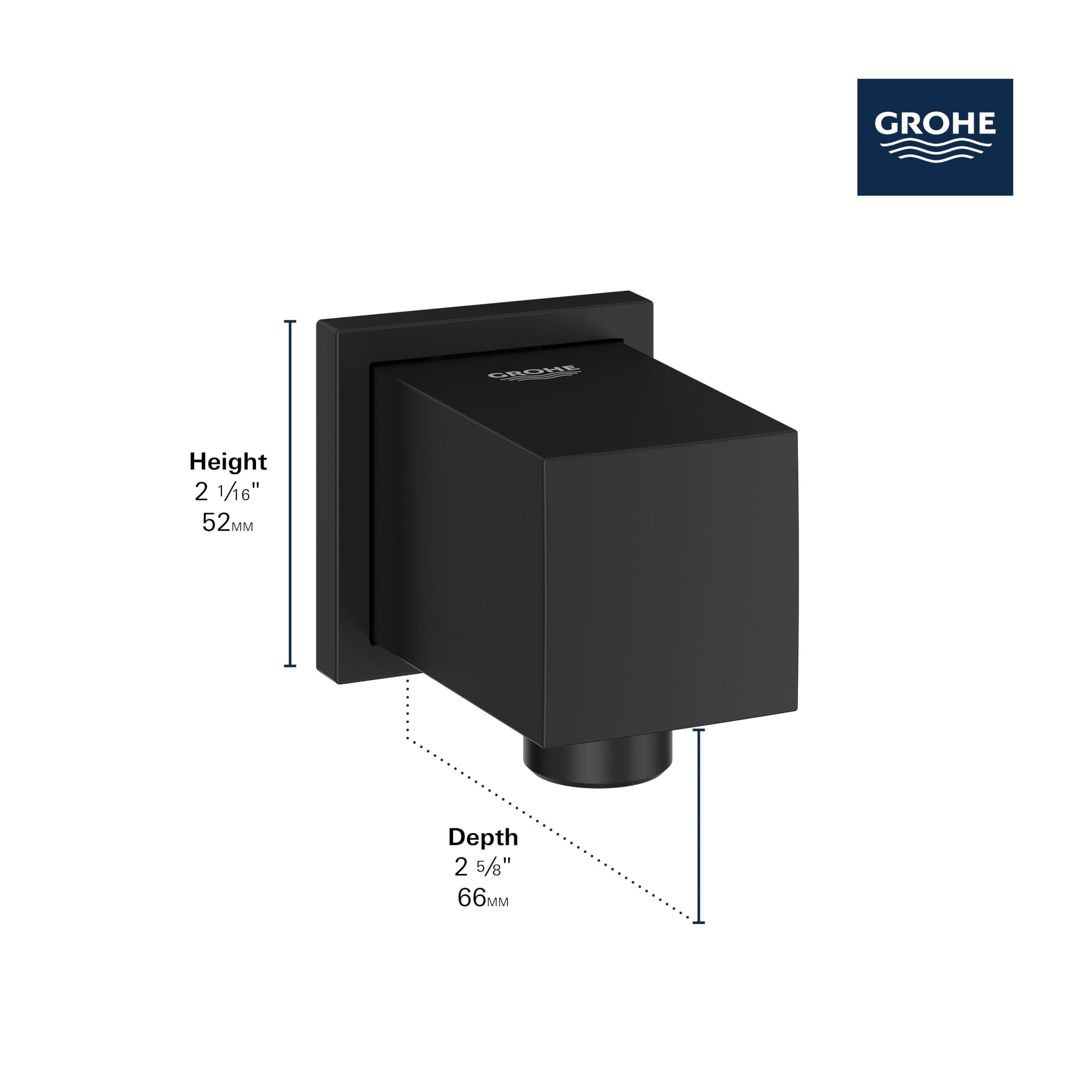 Grohe Euphoria brushed black wall union with square outlet and mounting bracket, dimensions labeled.
