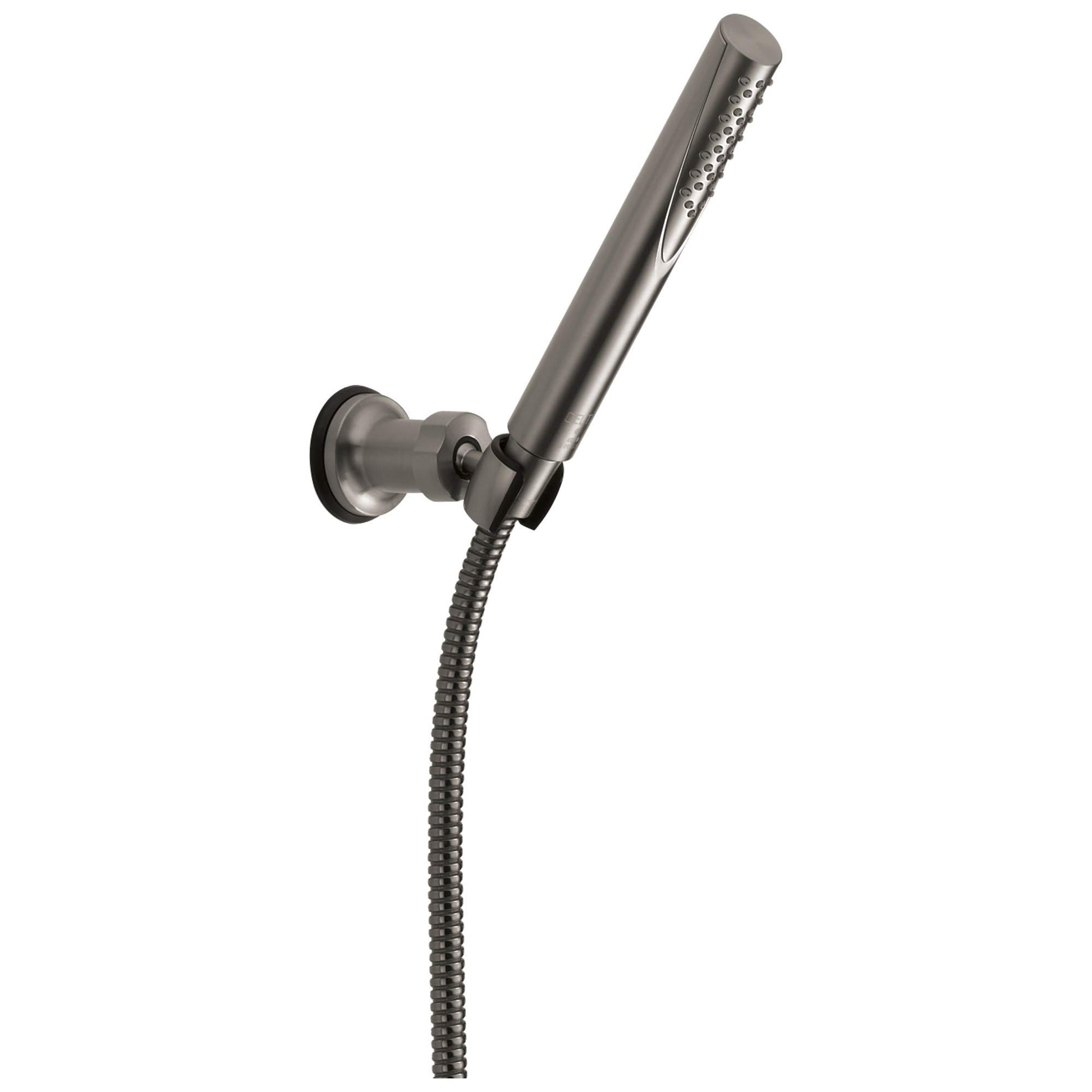 Chrome wall mount hand shower with adjustable bracket and flexible hose attached.