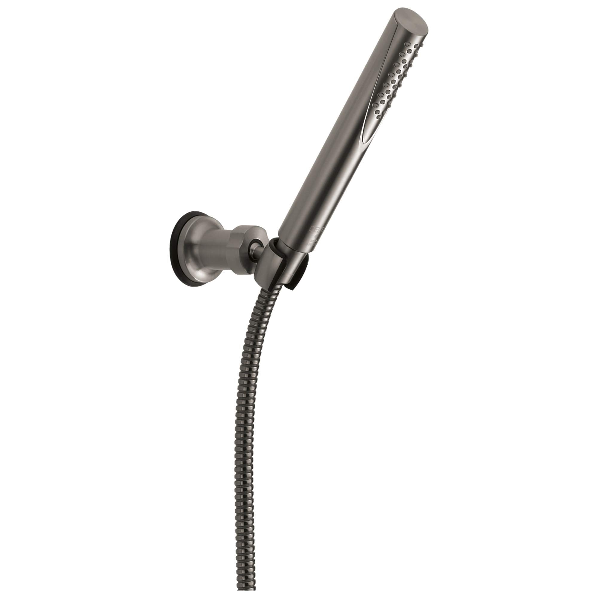 Chrome wall mount hand shower with adjustable bracket and flexible hose attached.