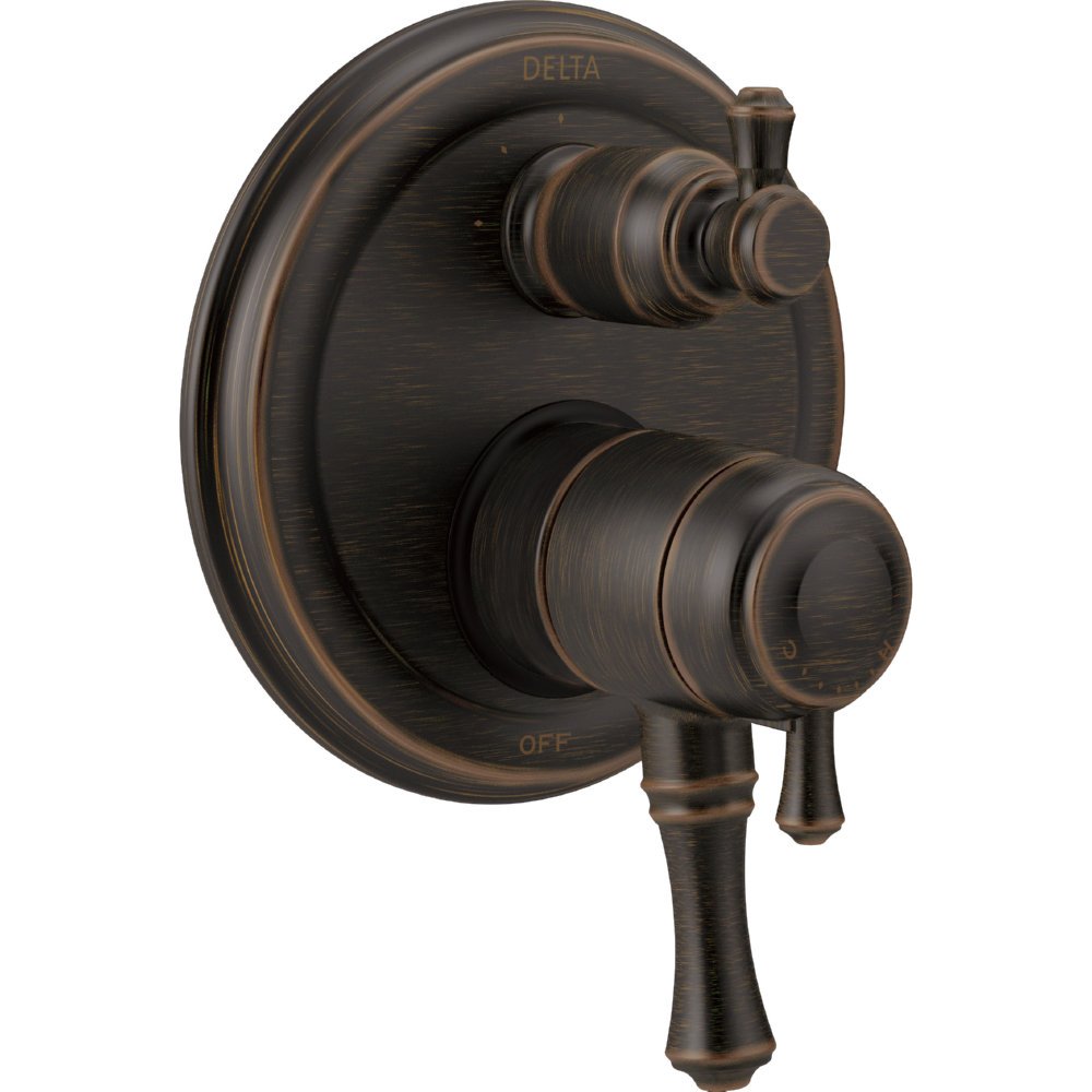 Delta Cassidy valve trim with round backplate, two knobs, and diverter lever in oil-rubbed bronze finish.
