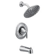 Chrome tub shower system with round rainshower head, trim ring with lever handle, and tub spout.
