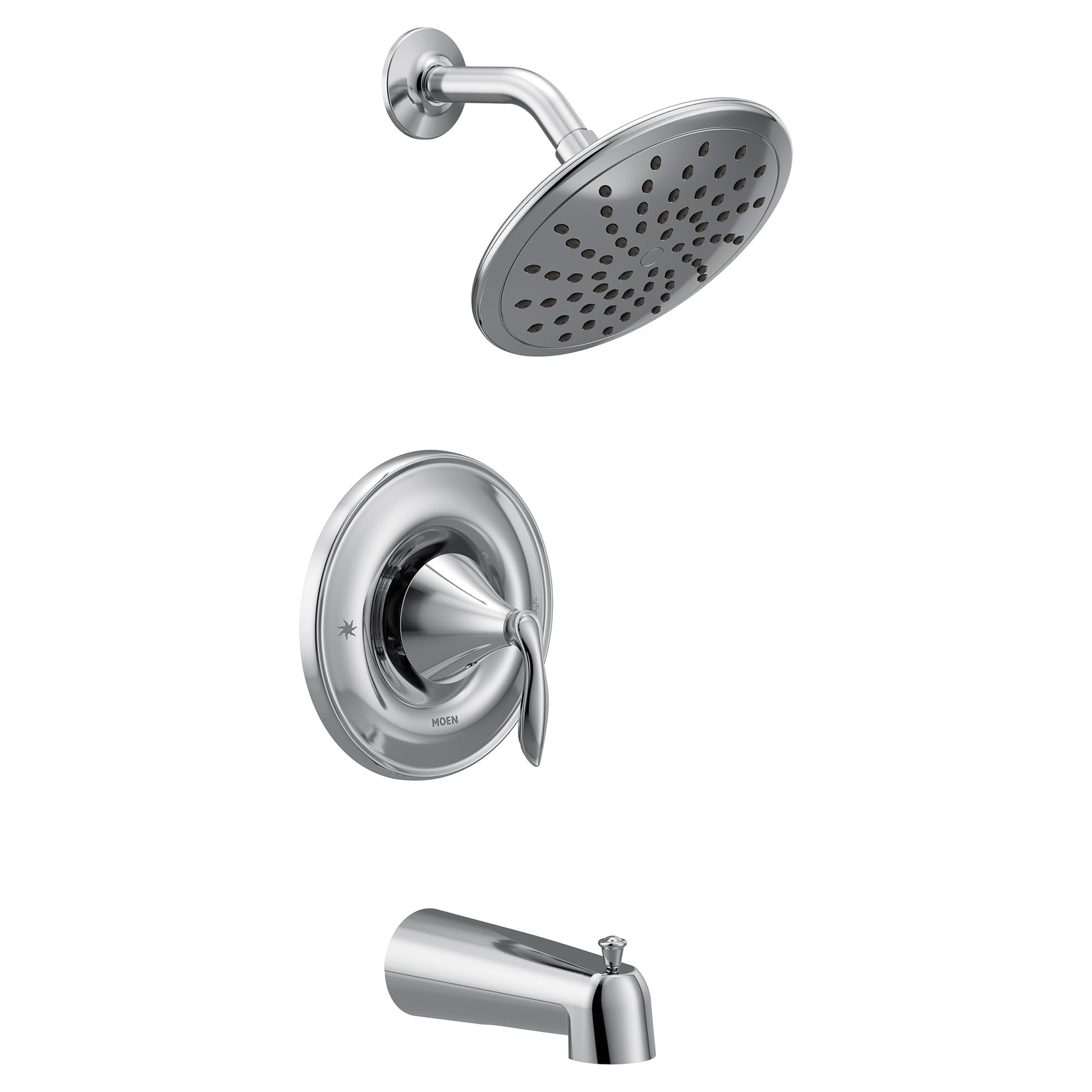 Chrome tub shower system with round rainshower head, trim ring with lever handle, and tub spout.