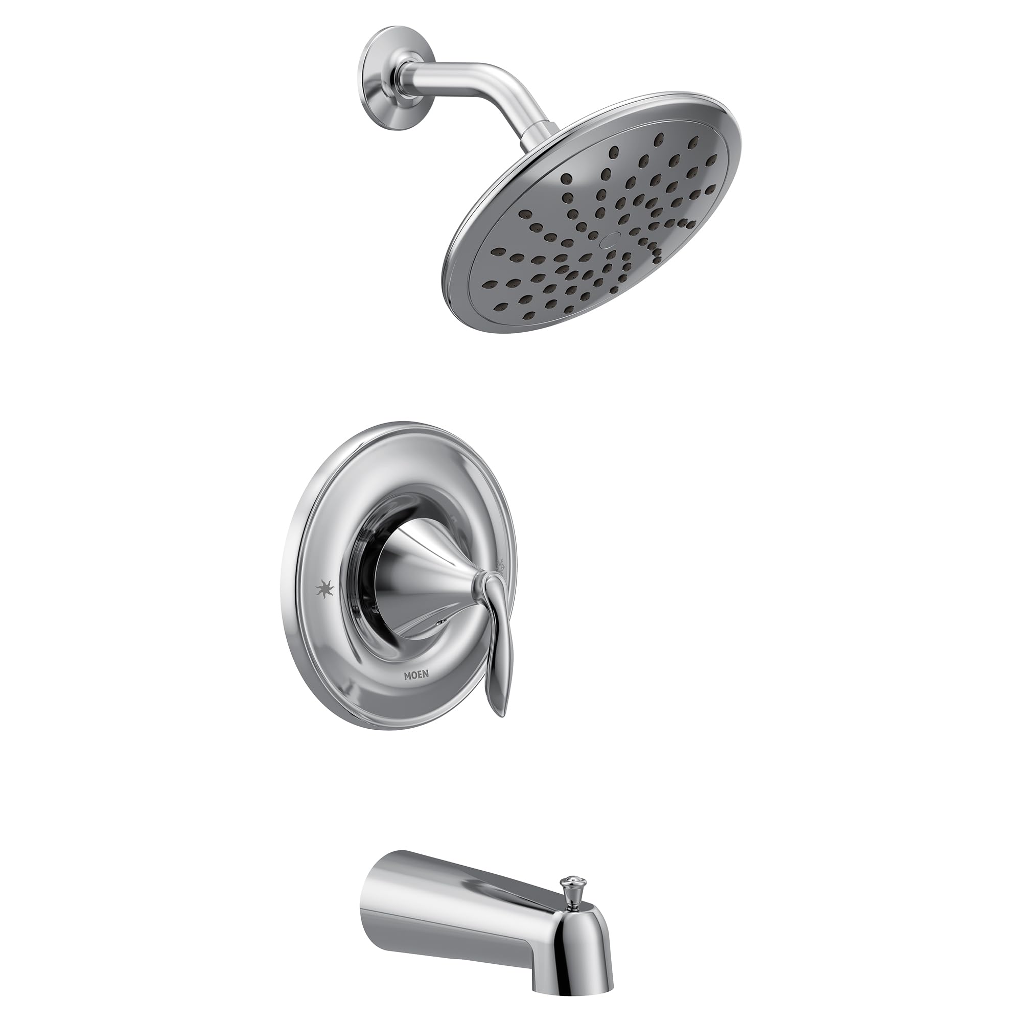 Chrome tub shower system with round rainshower head, trim ring with lever handle, and tub spout.
