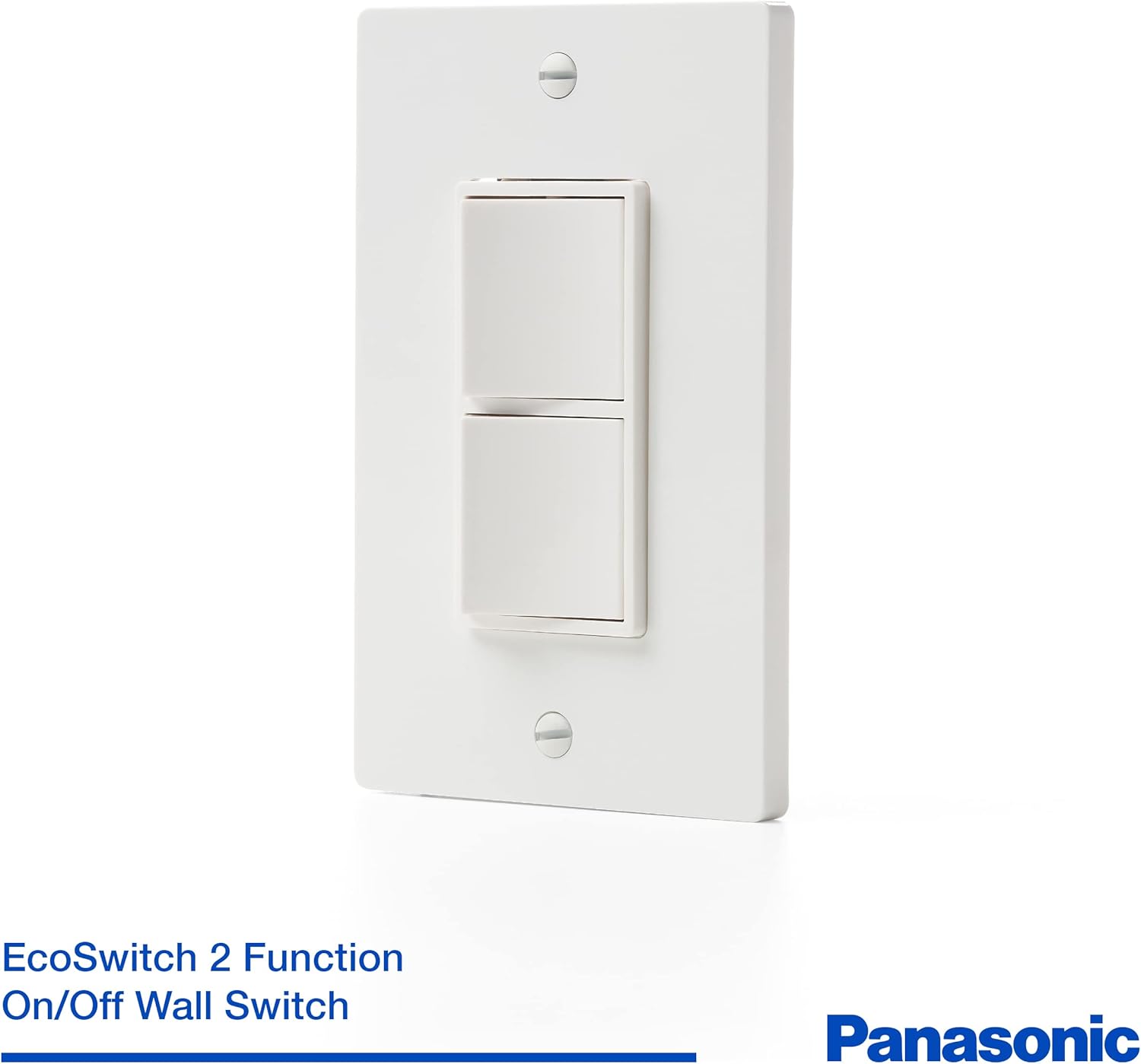 White dual rocker switch with wall plate for controlling fan and light functions.
