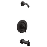 Matte black tub and shower faucet set with round trim plate, lever handle, curved spout, and diverter.