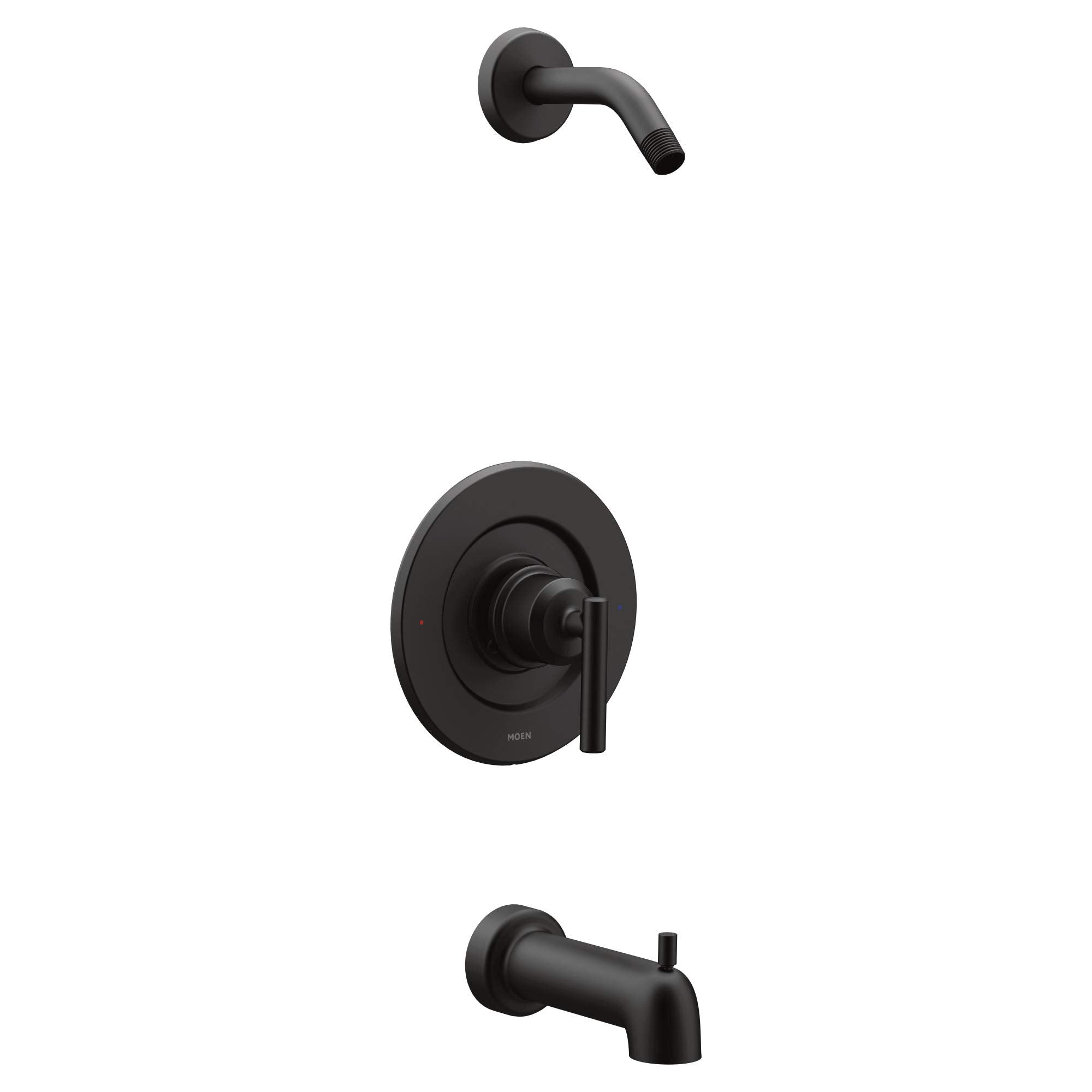Matte black tub and shower faucet set with round trim plate, lever handle, curved spout, and diverter.