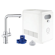 Chrome pull-out kitchen faucet with white filtration unit, blue cartridge, and aerator component displayed separately.