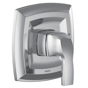 Chrome shower trim kit with single lever handle and curved square escutcheon plate, featuring Moen branding.