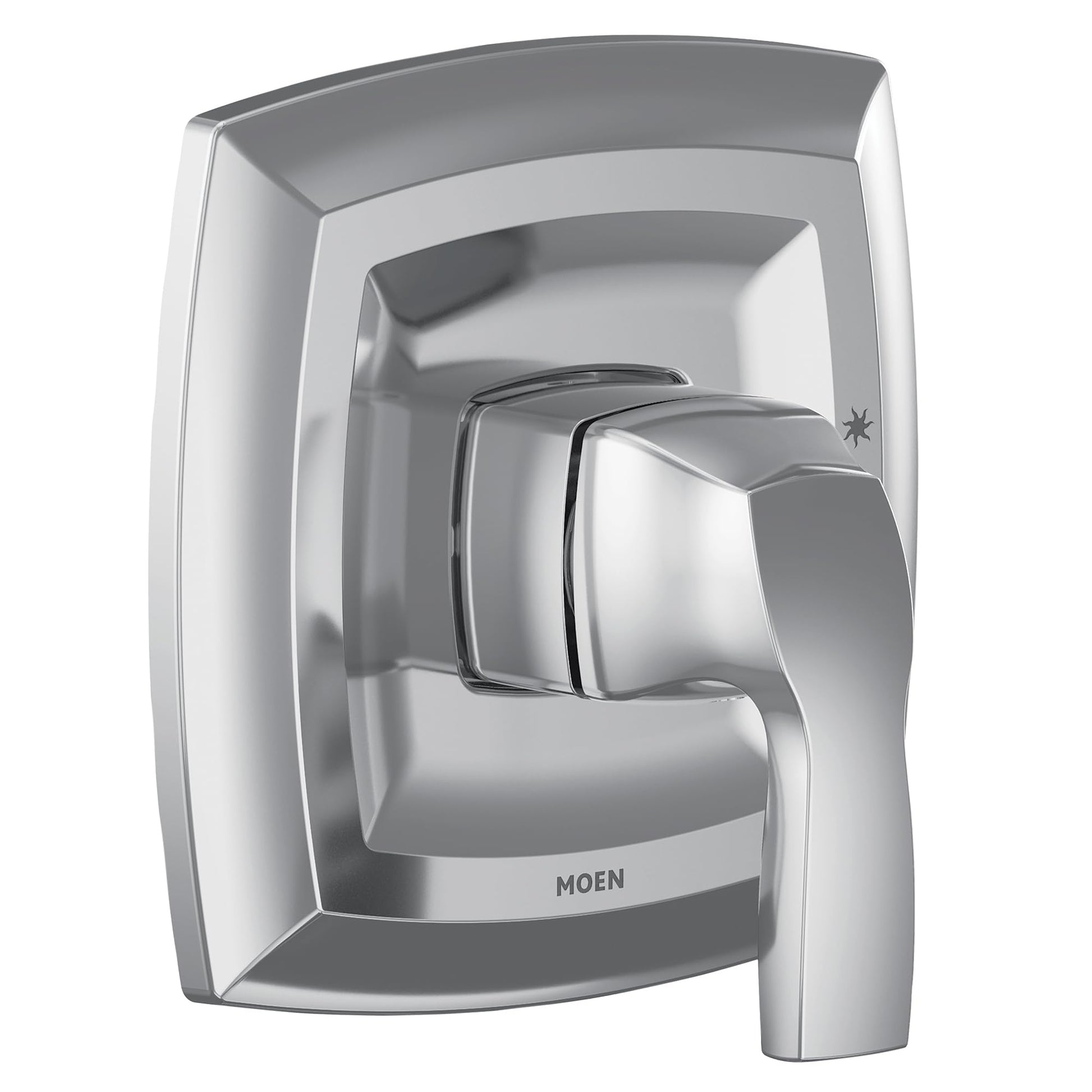 Chrome shower trim kit with single lever handle and curved square escutcheon plate, featuring Moen branding.