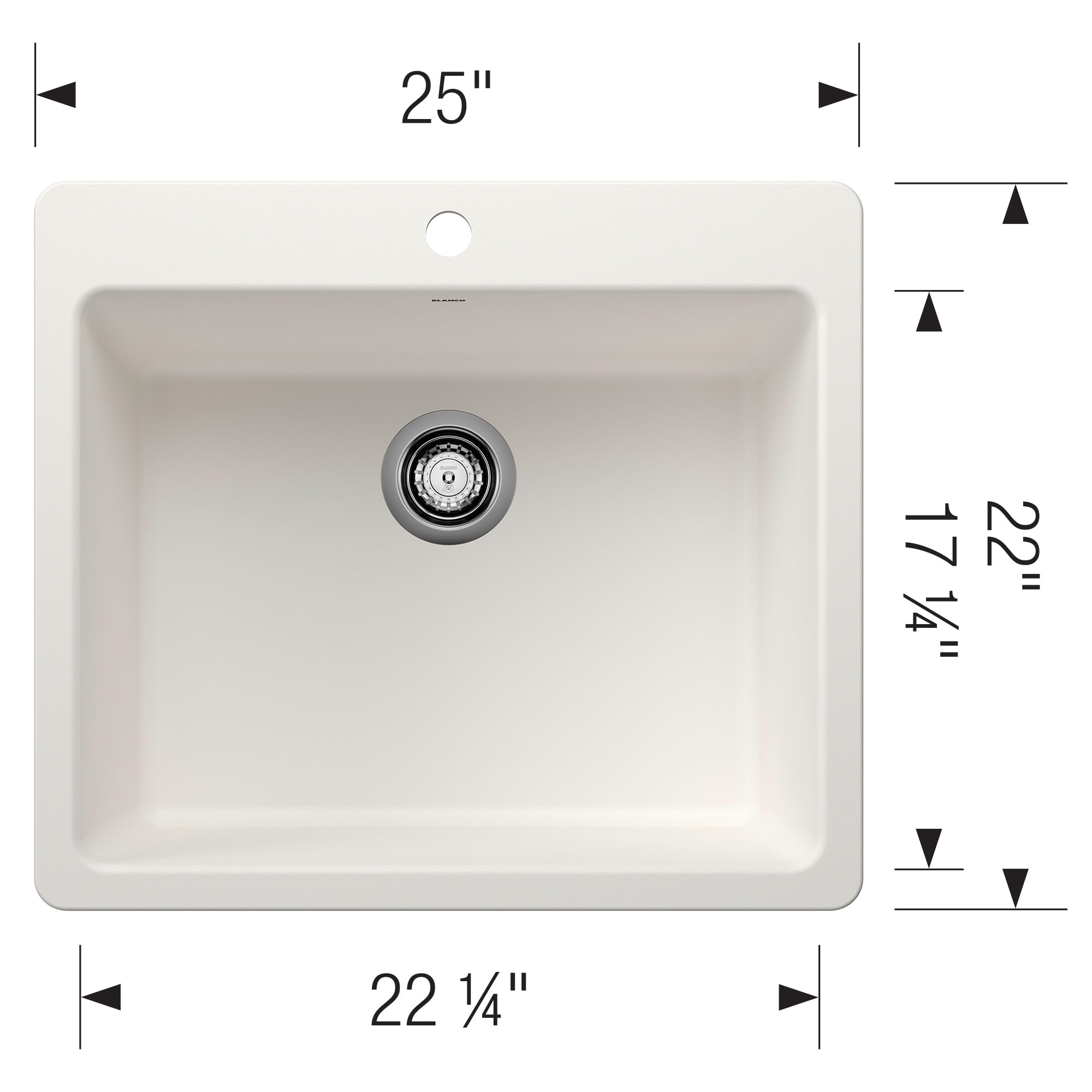 White single bowl kitchen sink with drain, 25 inches wide and 22 1/4 inches deep, shown from above.