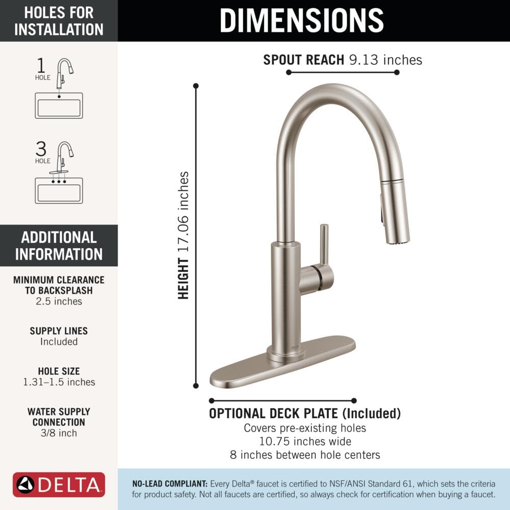 Stainless steel pull-down kitchen faucet with single handle, curved spout, and included deck plate.