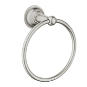 Brushed nickel wall-mount towel ring with circular design and decorative rosette backing plate.