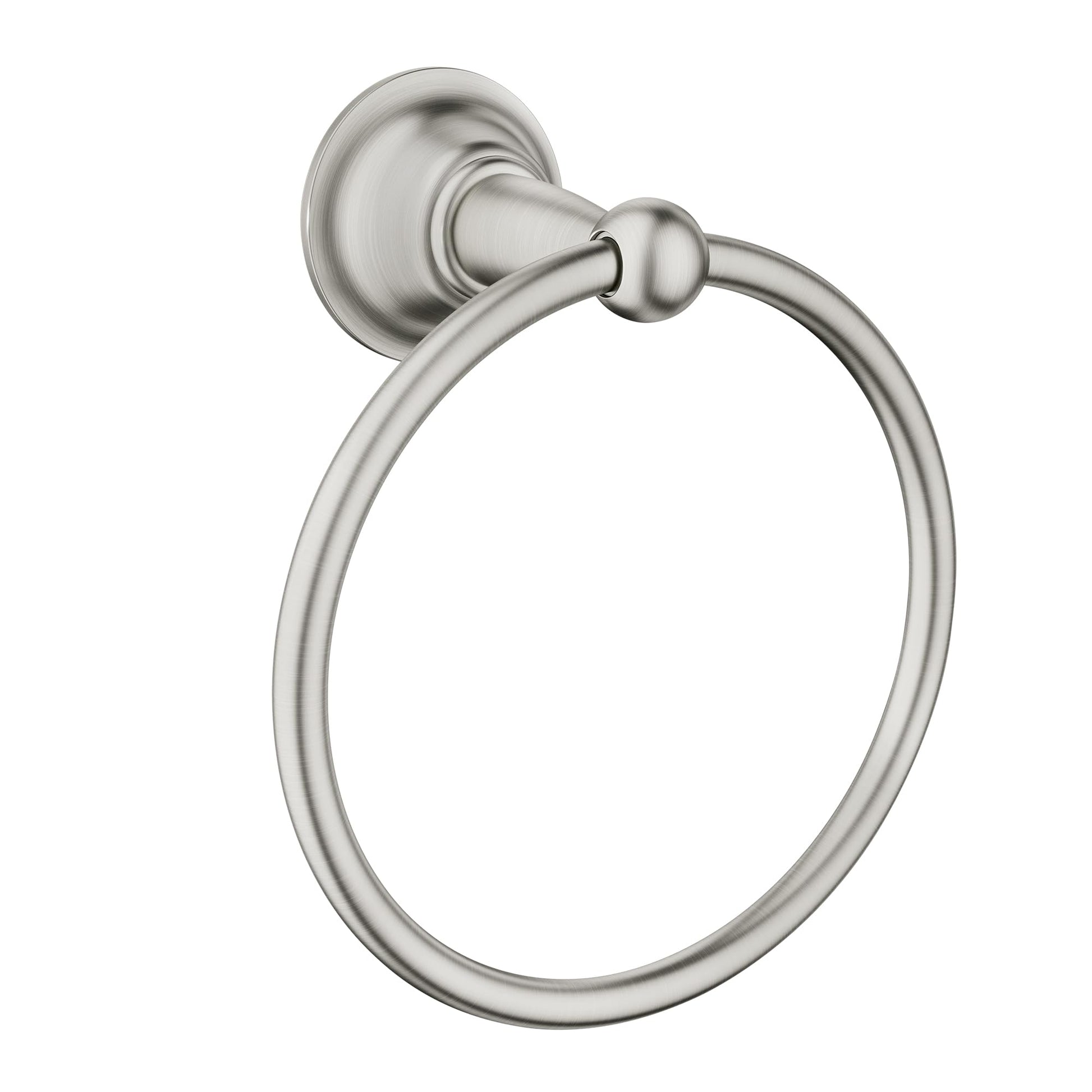 Brushed nickel wall-mount towel ring with circular design and decorative rosette backing plate.