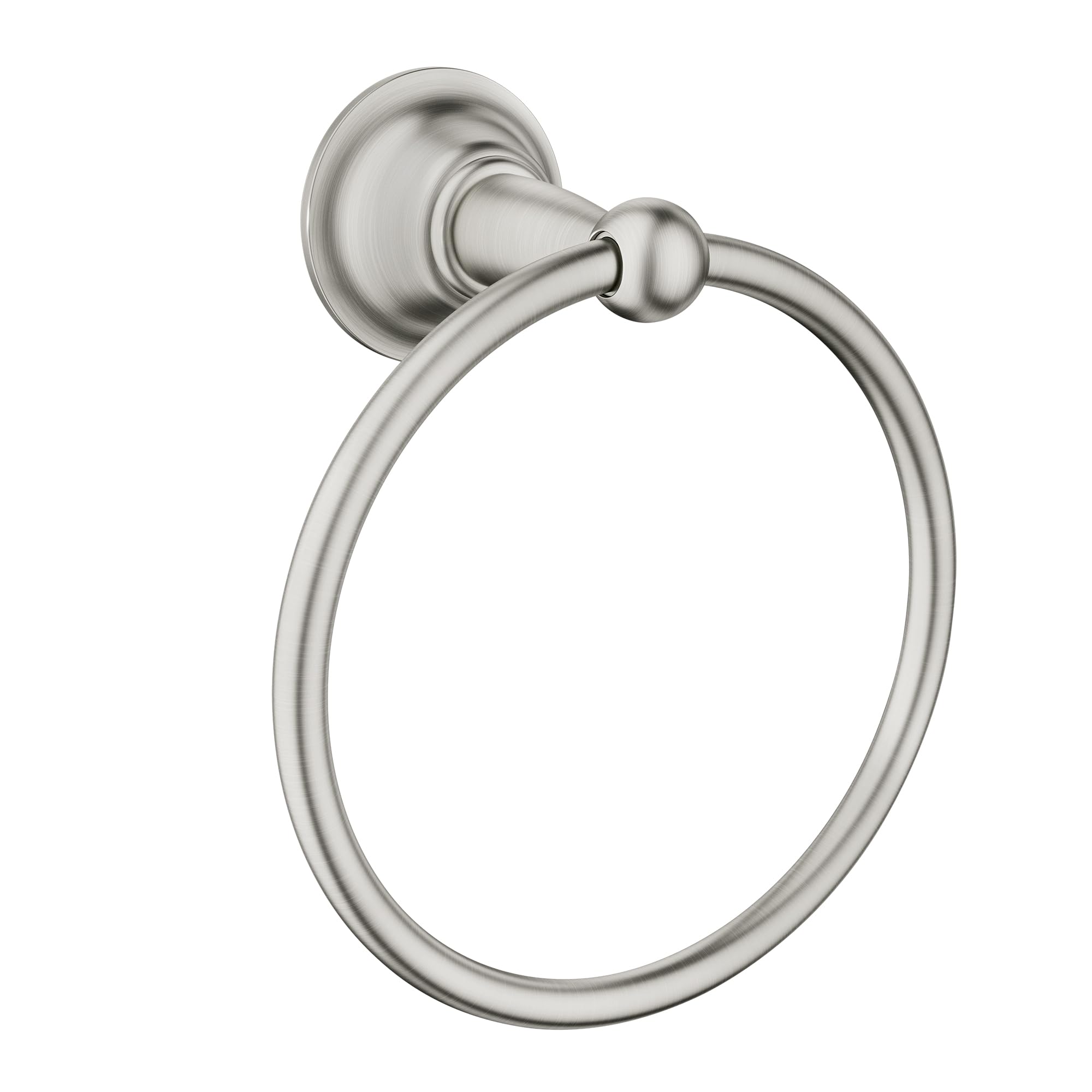 Brushed nickel wall-mount towel ring with circular design and decorative rosette backing plate.