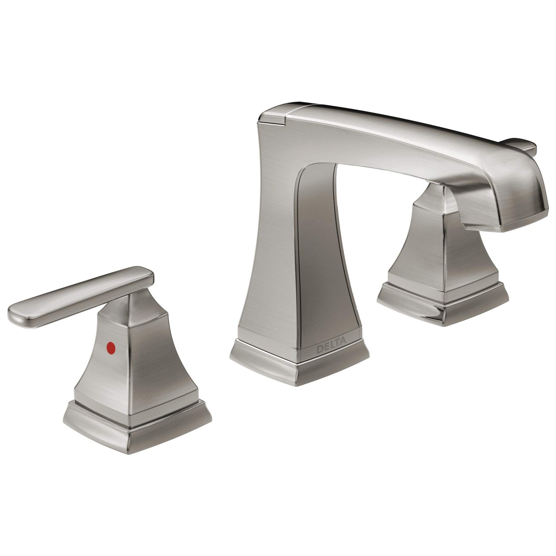 Chrome three-piece bathroom faucet with two side handles, arched spout, and pop-up drain assembly.